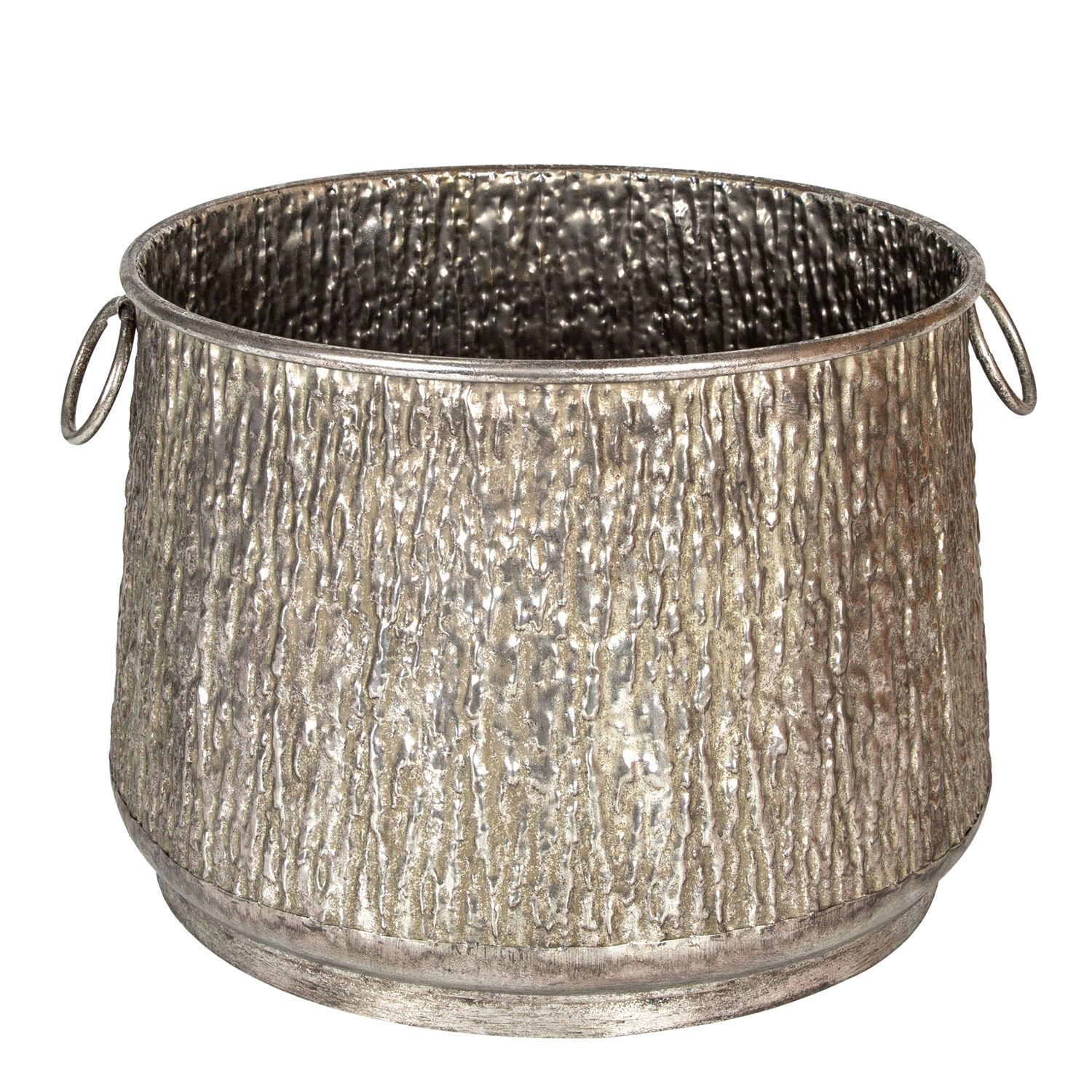 Kabartma Desenli Kulplu Metal Çiçeklik Kazan Saksı Gümüş Eskitme 45x33 Cm.