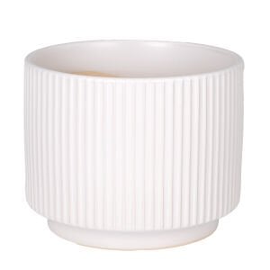 Seramik Saksı, Dikey Kabartma Çizgili, Beyaz - 19,5x15,5 cm