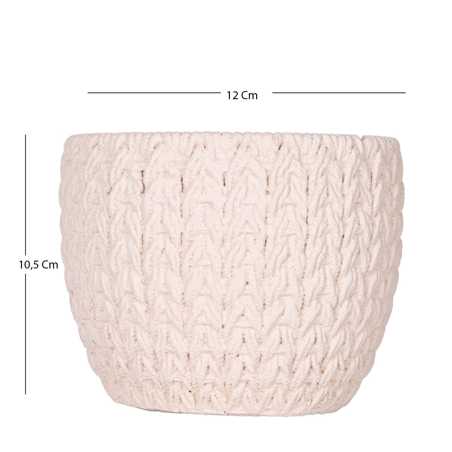 Beton Saksı, Örgü Desenli, Krem - 12x10,5 cm