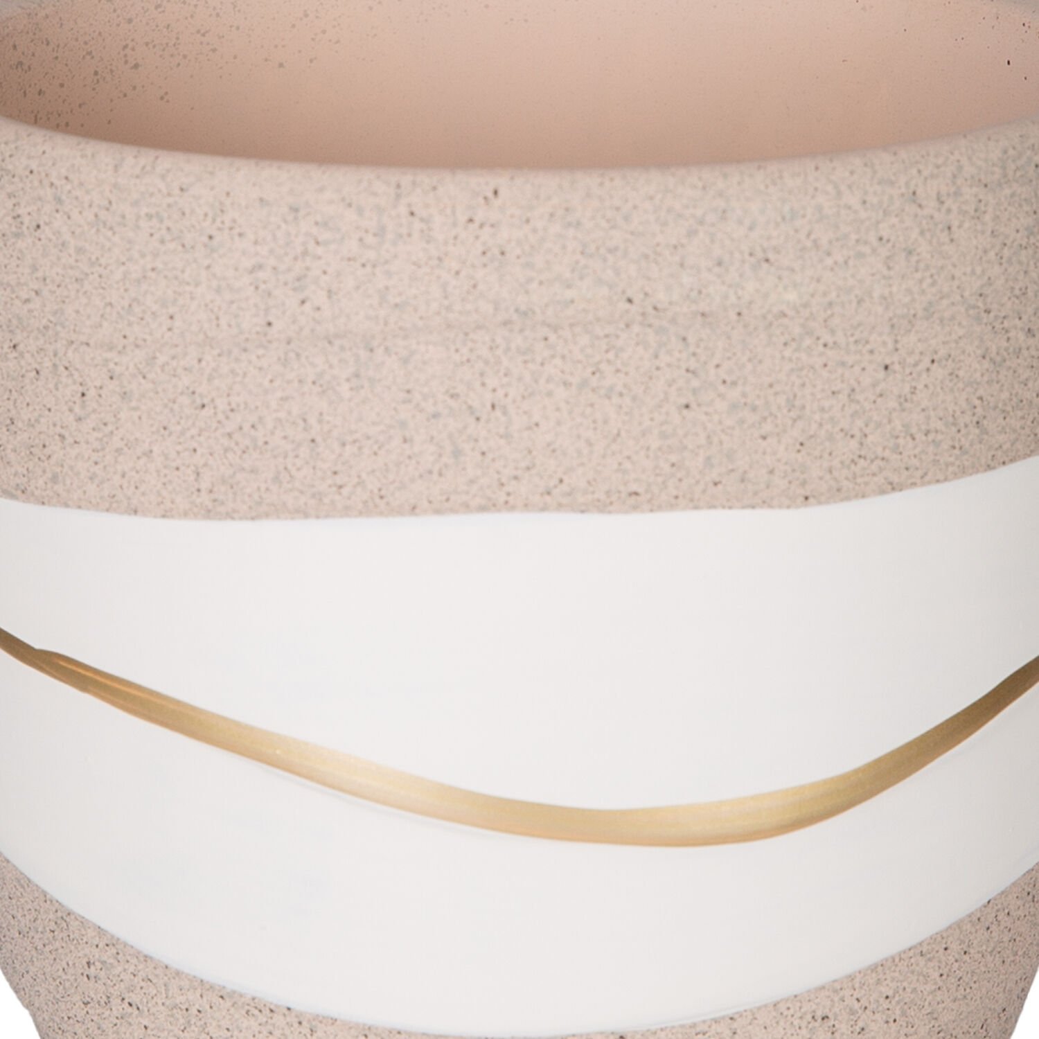 Seramik Saksı, Gold Şeritli, Desenli, Bej-Beyaz - 12x10 cm