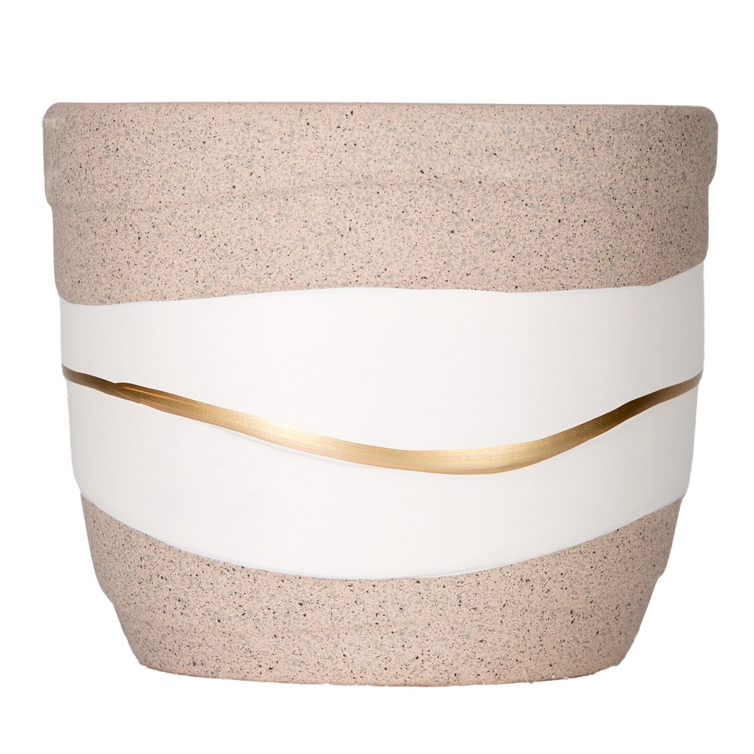 Seramik Saksı, Gold Şeritli, Desenli, Bej-Beyaz - 12x10 cm
