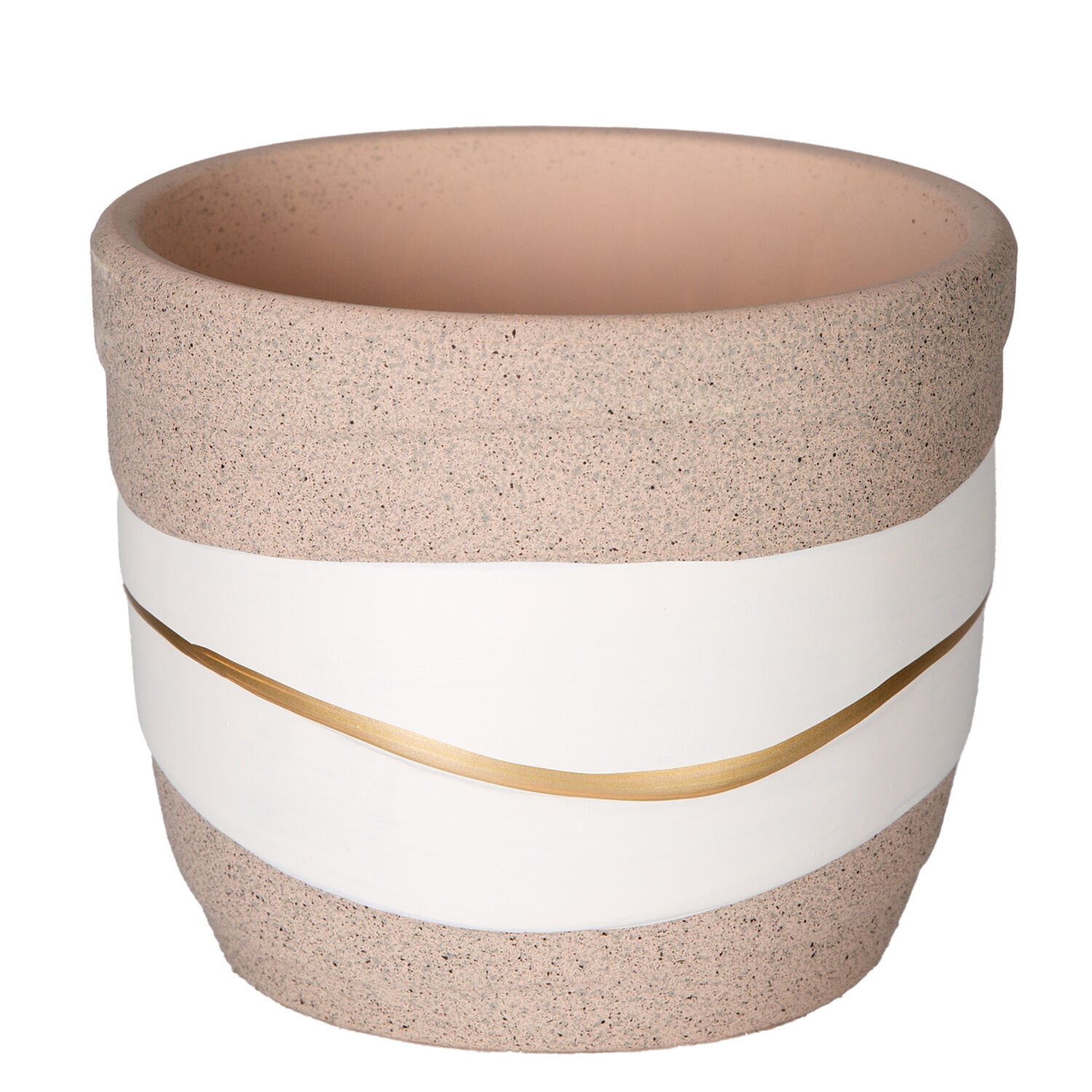 Seramik Saksı, Gold Şeritli, Desenli, Bej-Beyaz - 12x10 cm