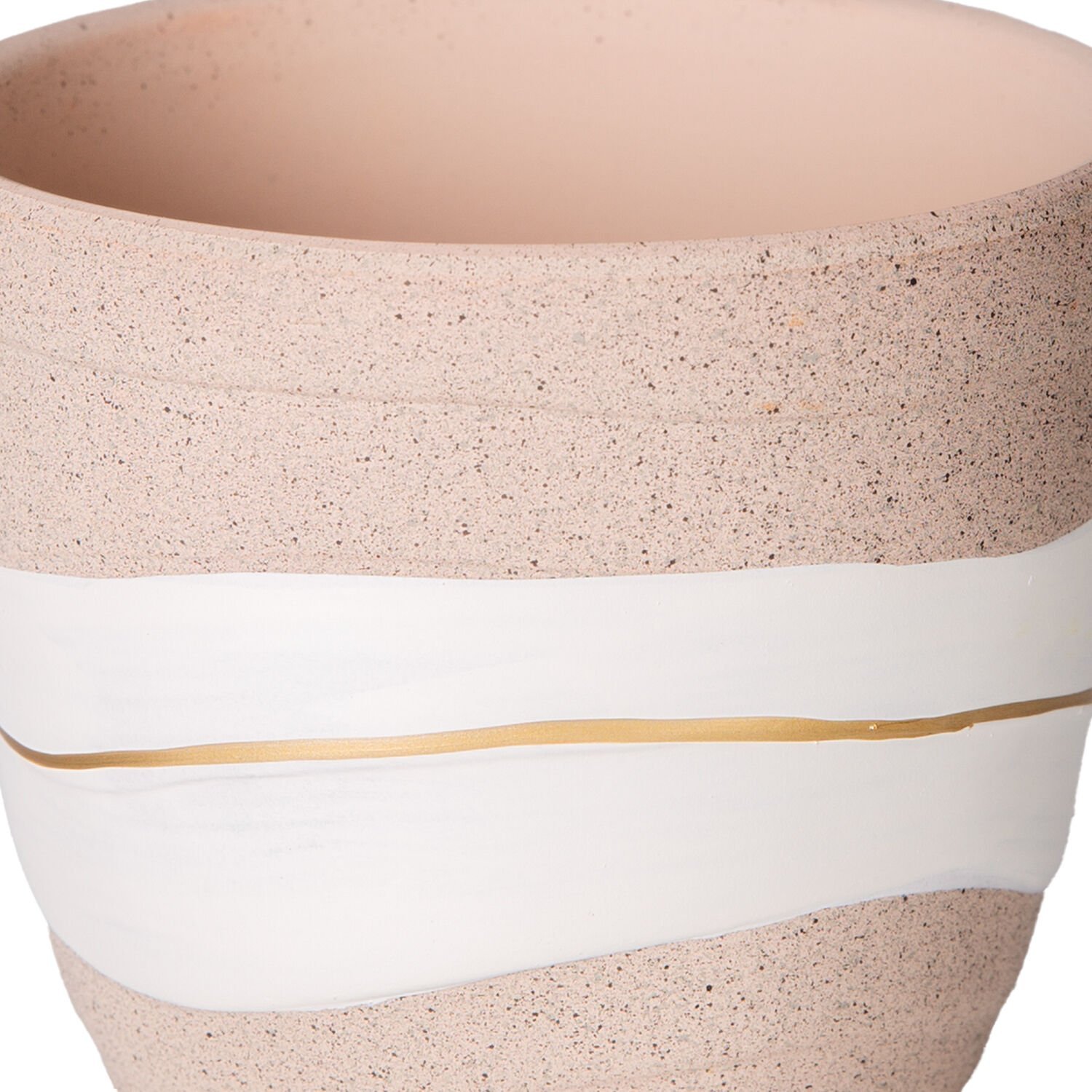 Seramik Saksı, Gold Şeritli, Desenli, Bej-Beyaz - 10x8 cm