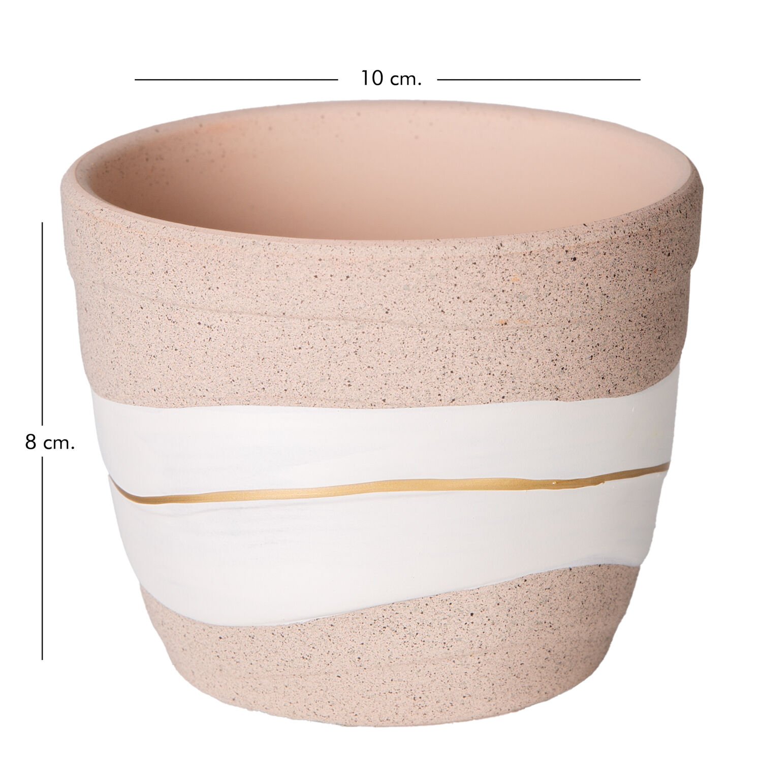 Seramik Saksı, Gold Şeritli, Desenli, Bej-Beyaz - 10x8 cm