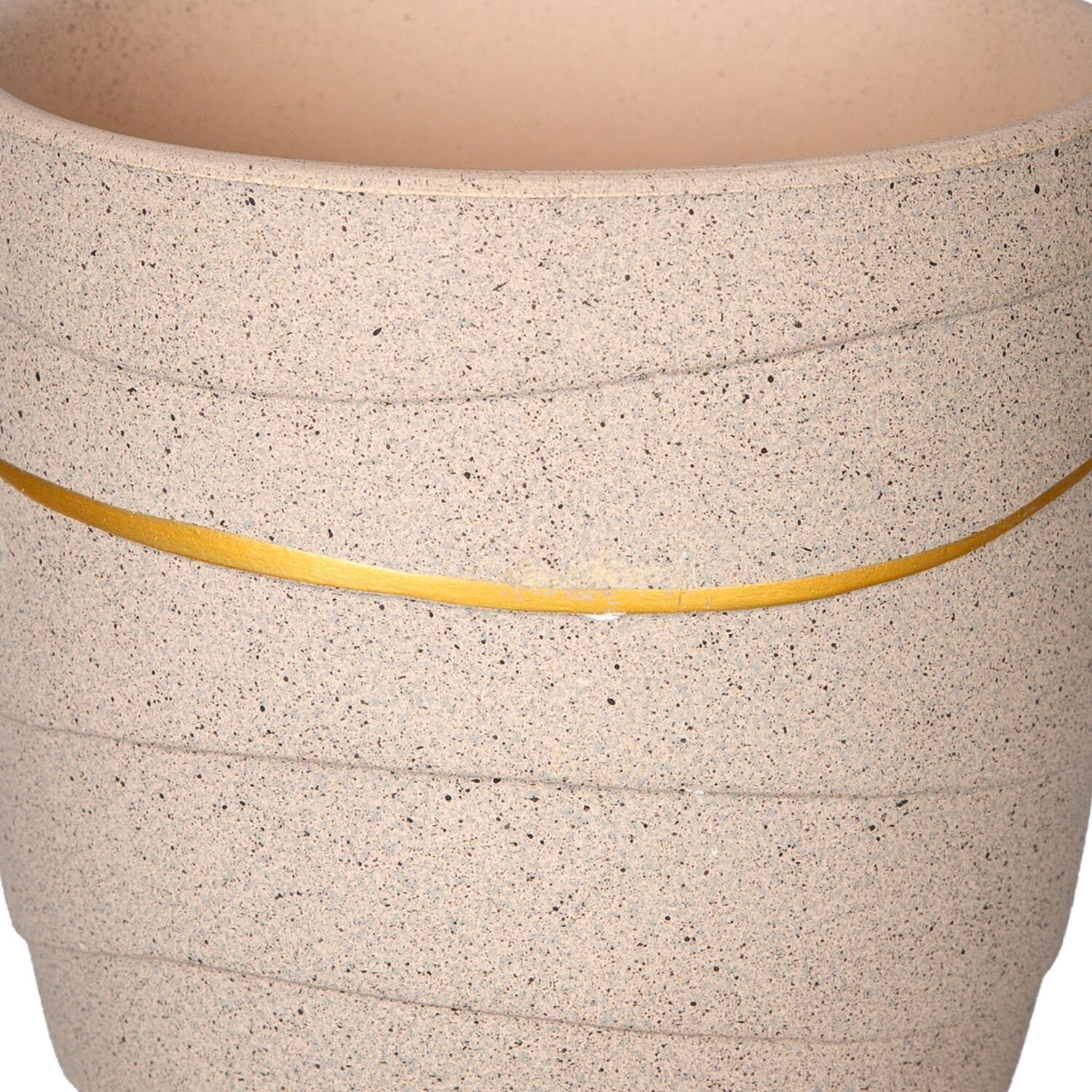 Seramik Saksı, Gold Şeritli, Bej - 12x11,5 cm