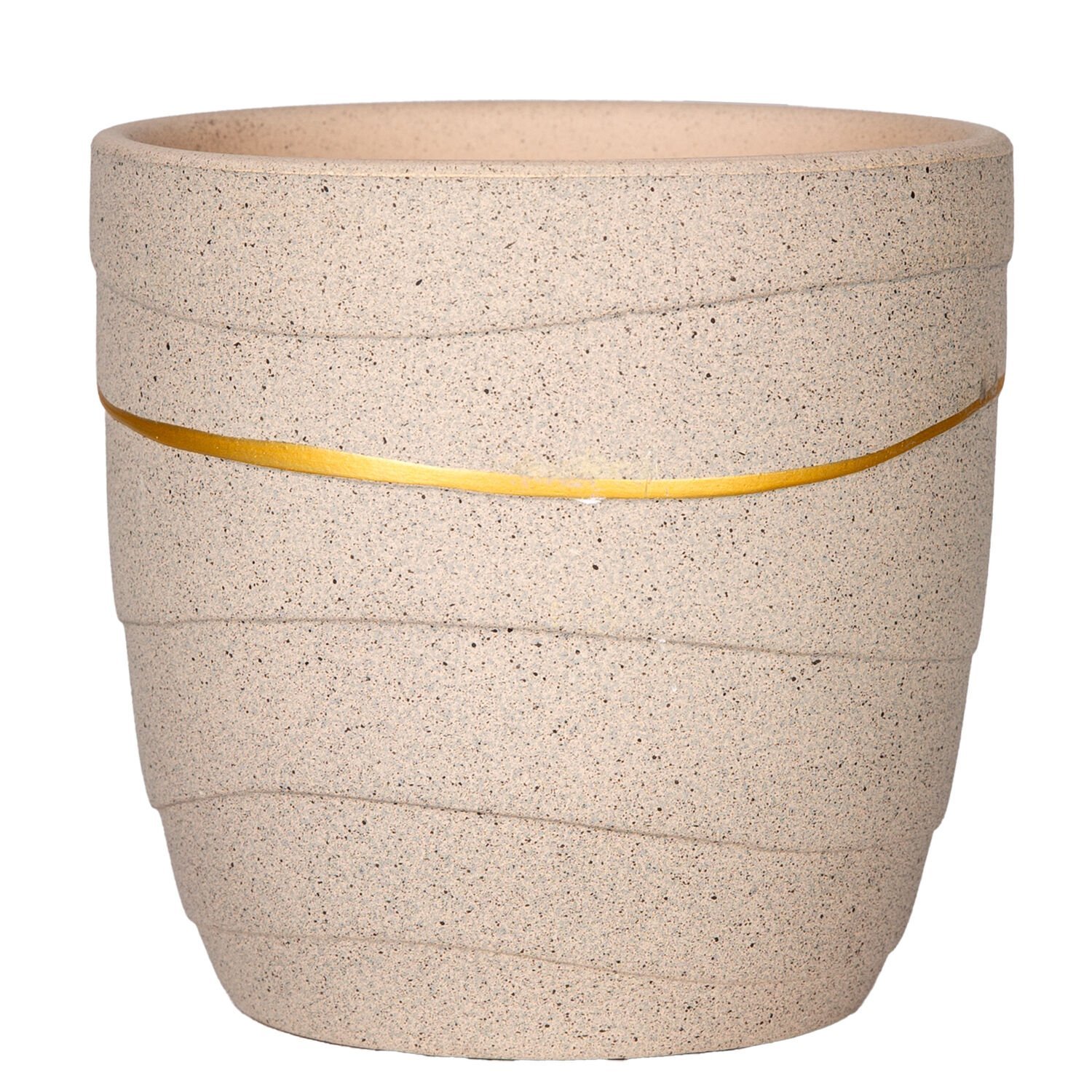 Seramik Saksı, Gold Şeritli, Bej - 12x11,5 cm