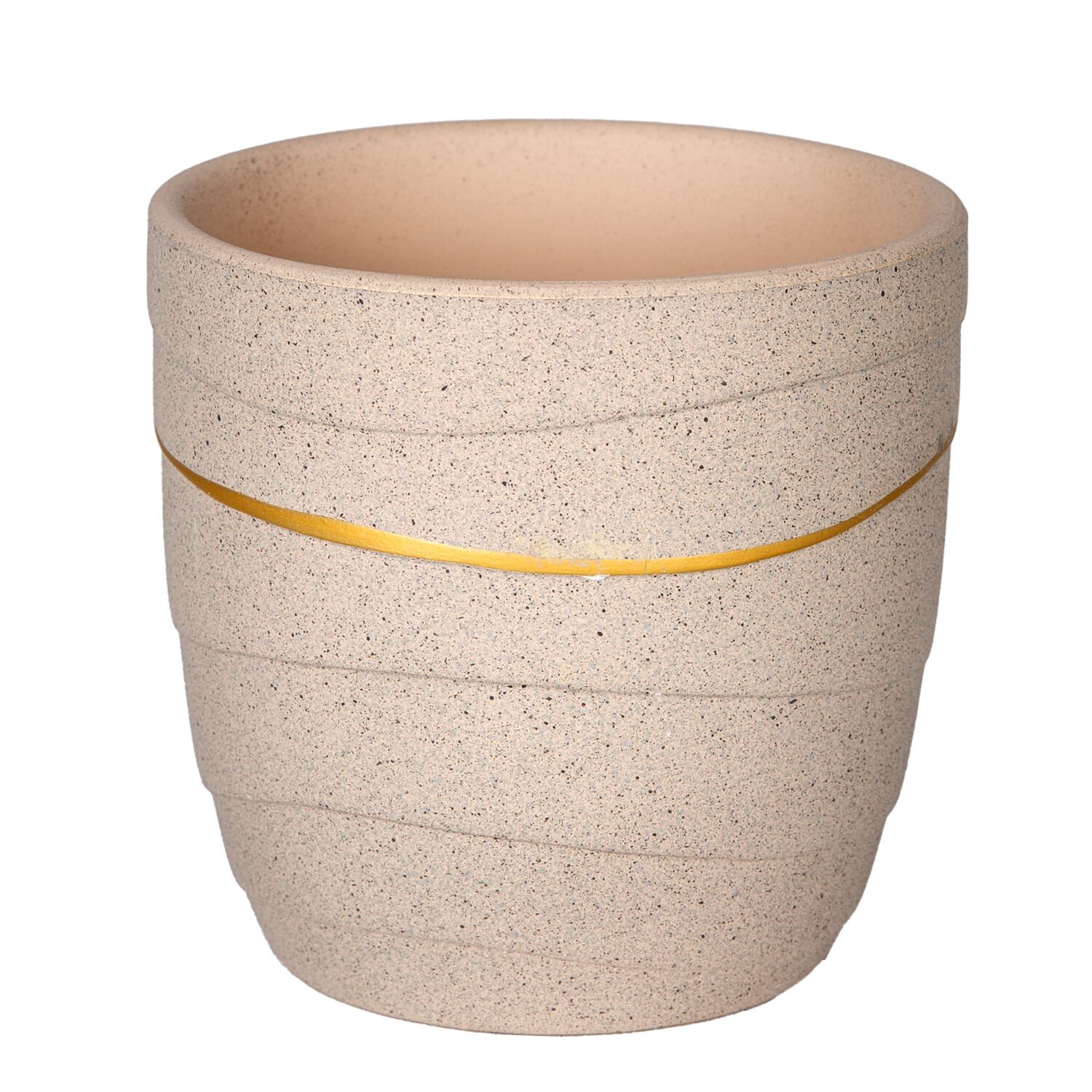 Seramik Saksı, Gold Şeritli, Bej - 12x11,5 cm