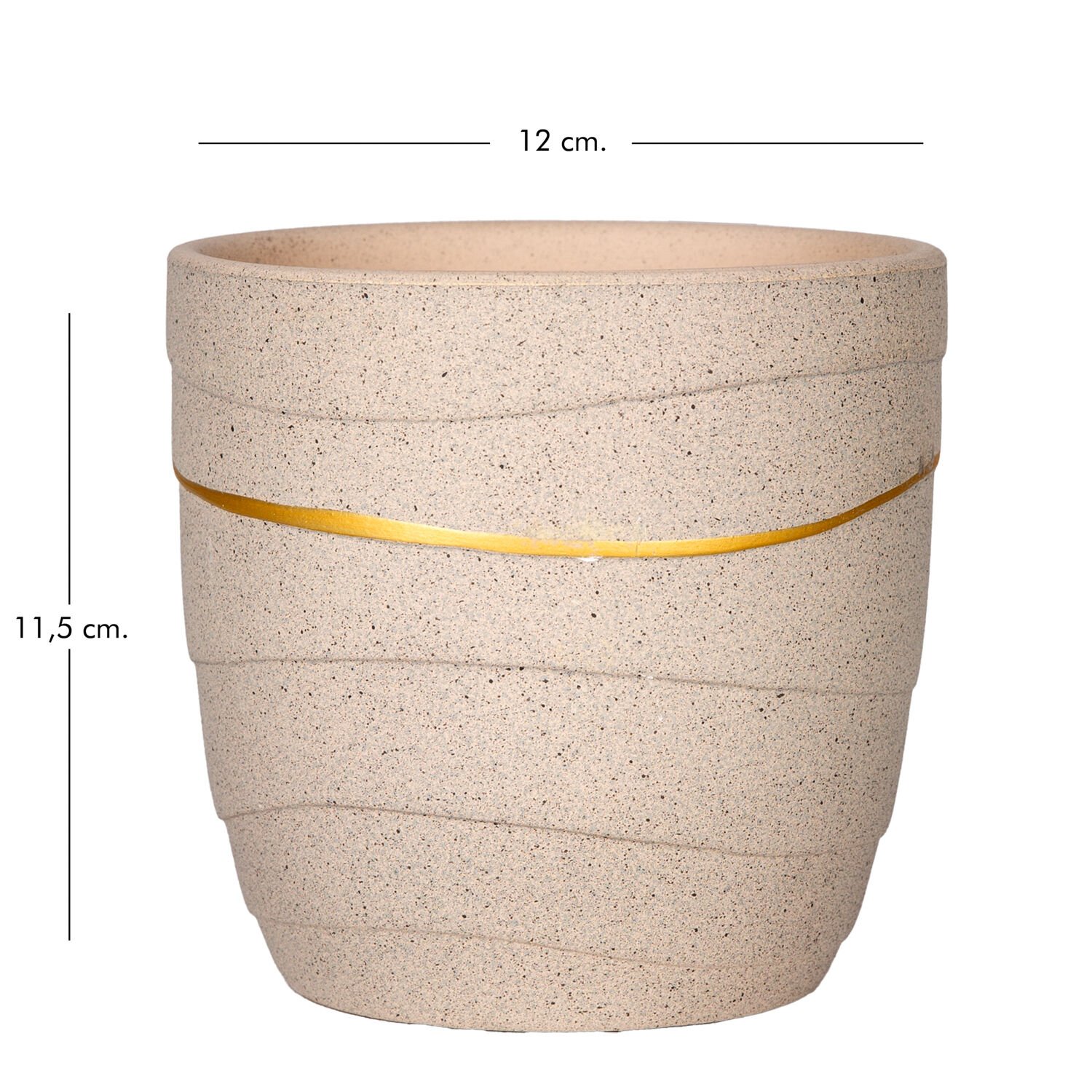 Seramik Saksı, Gold Şeritli, Bej - 12x11,5 cm