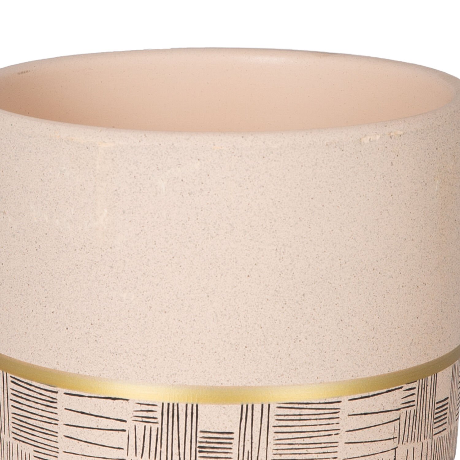 Seramik Saksı, Gold Şeritli, Desenli, Bej - 12x10 cm