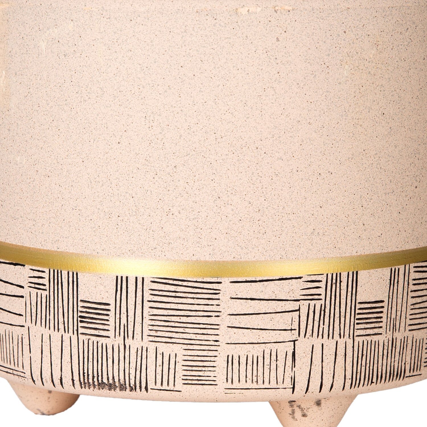 Seramik Saksı, Gold Şeritli, Desenli, Bej - 12x10 cm