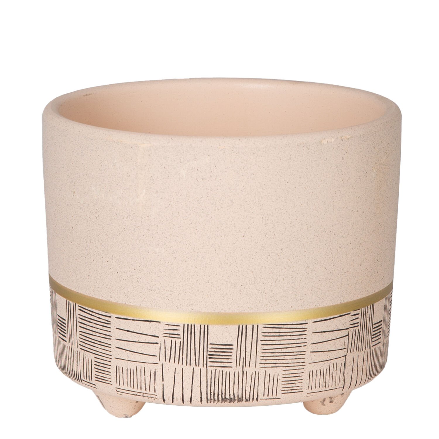 Seramik Saksı, Gold Şeritli, Desenli, Bej - 12x10 cm