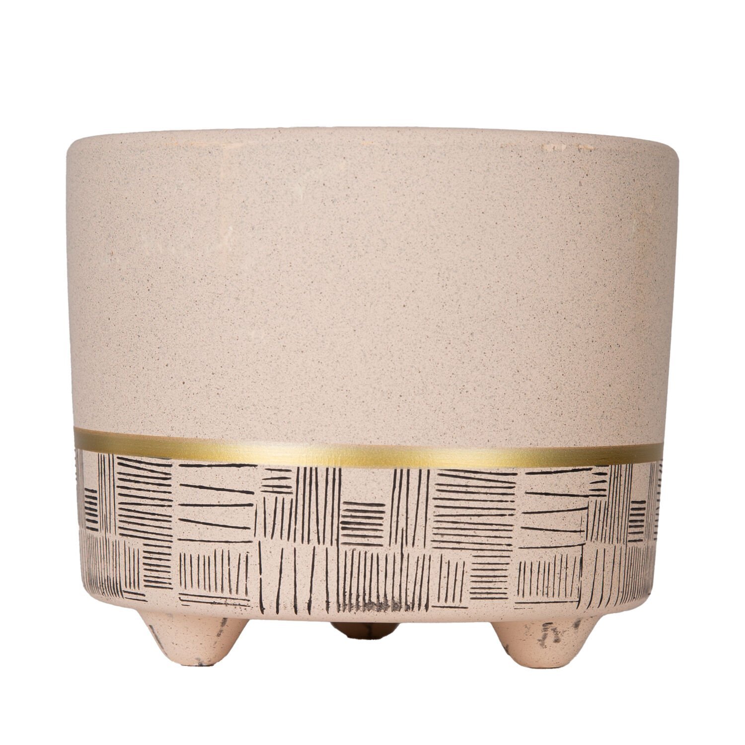 Seramik Saksı, Gold Şeritli, Desenli, Bej - 12x10 cm