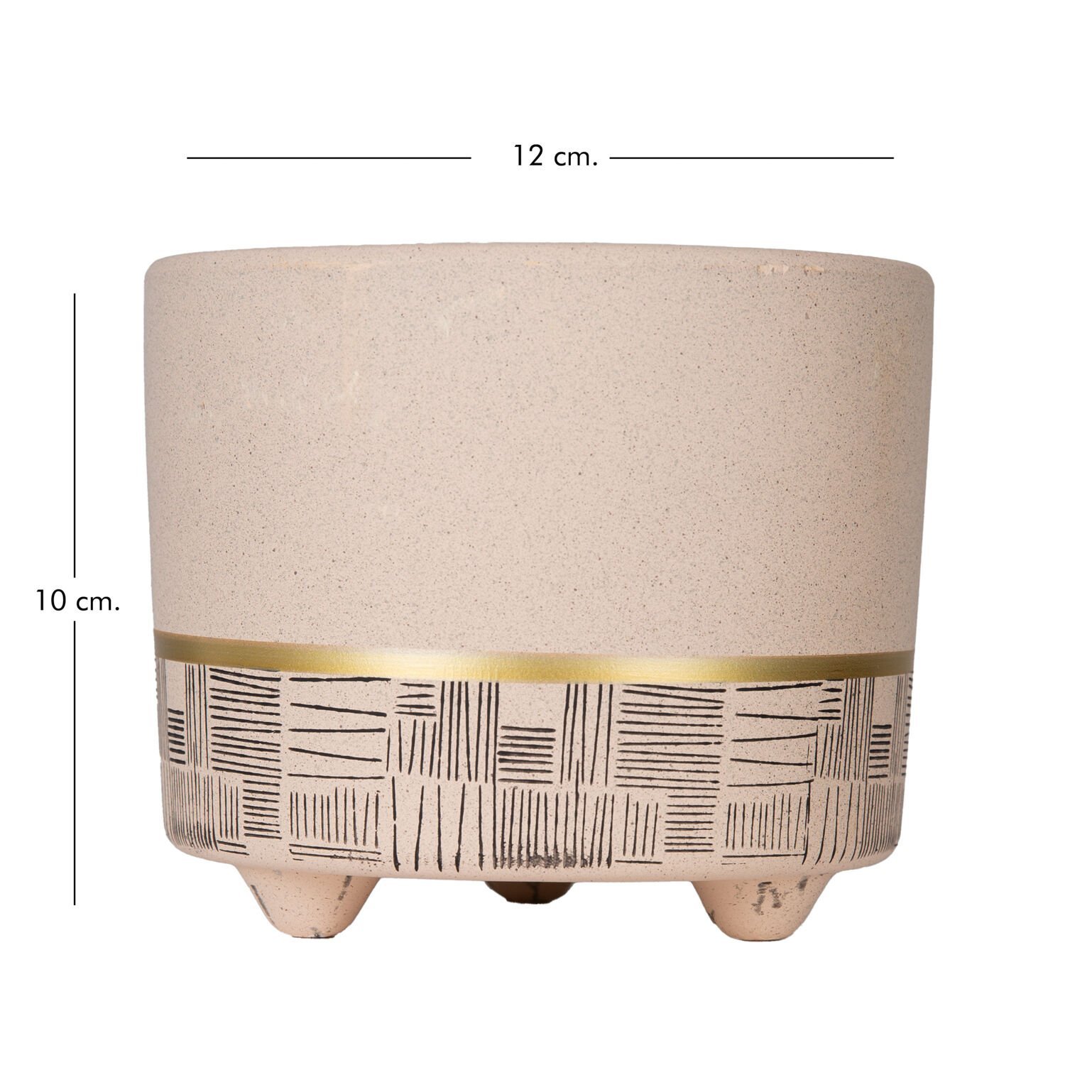 Seramik Saksı, Gold Şeritli, Desenli, Bej - 12x10 cm