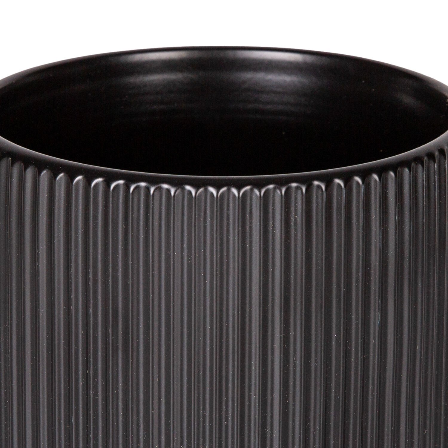 Seramik Saksı, Dikey Kabartma Çizgili, Siyah - 12,5x12 cm