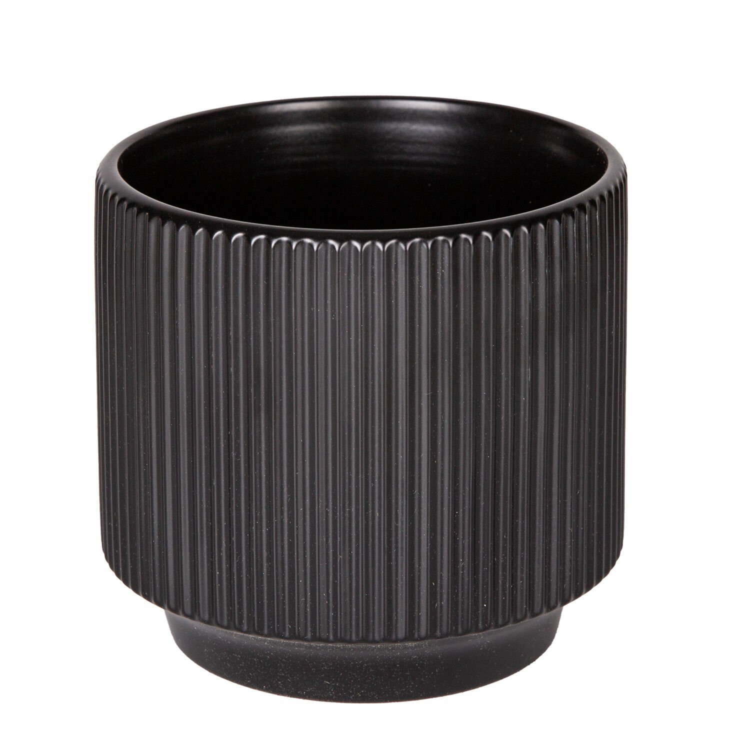 Seramik Saksı, Dikey Kabartma Çizgili, Siyah - 12,5x12 cm