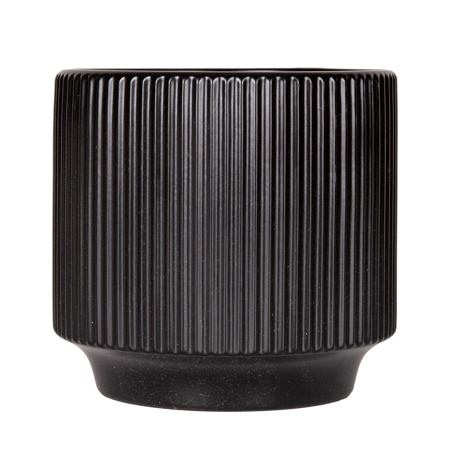 Seramik Saksı, Dikey Kabartma Çizgili, Siyah - 12,5x12 cm