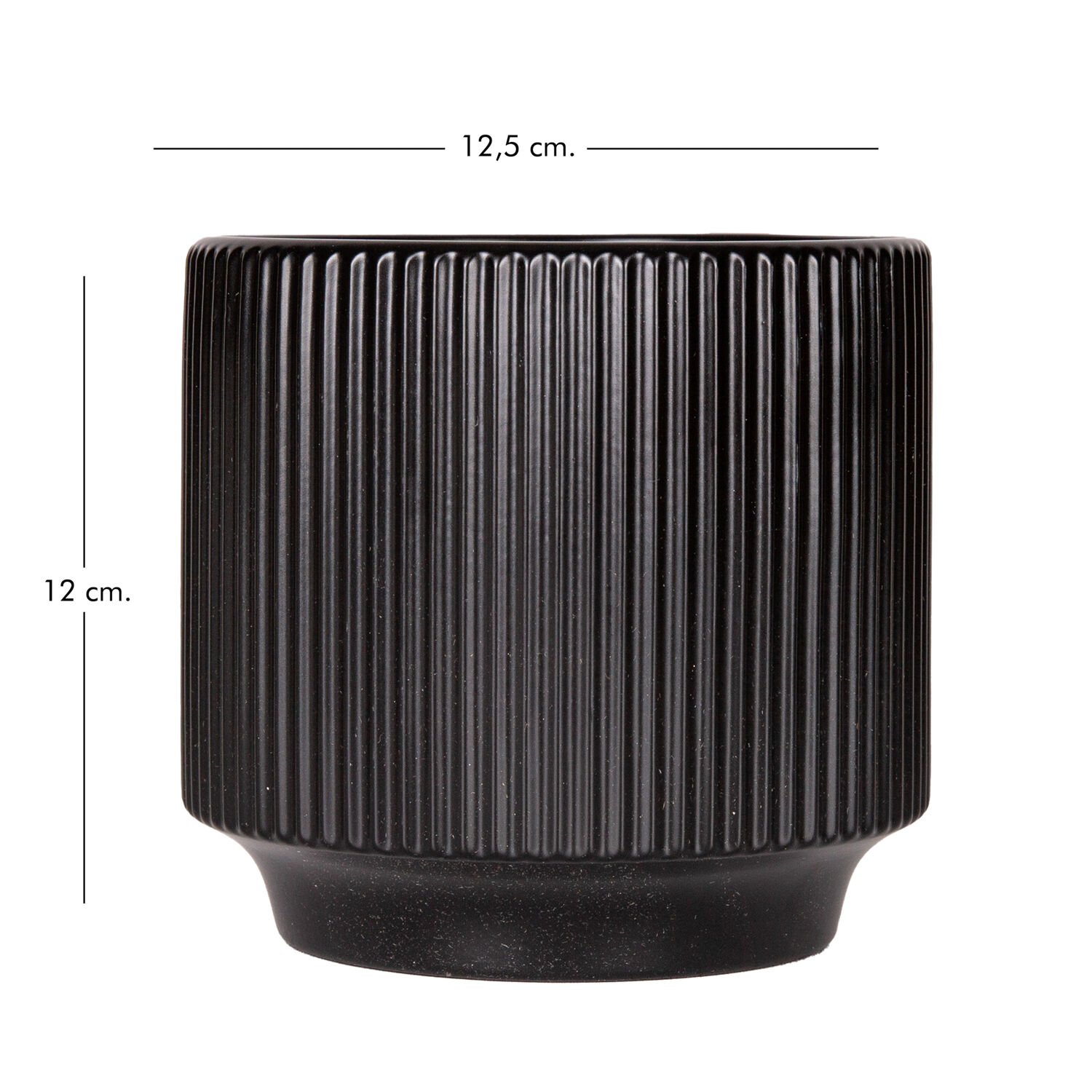 Seramik Saksı, Dikey Kabartma Çizgili, Siyah - 12,5x12 cm
