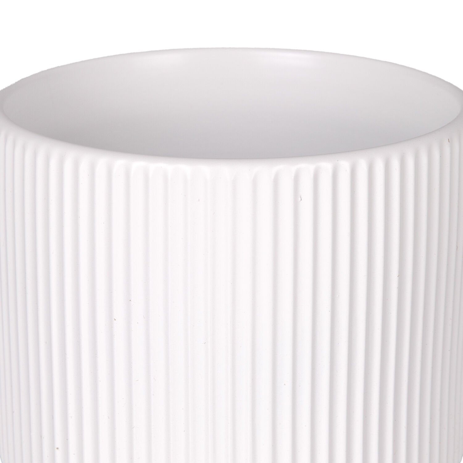 Seramik Saksı, Dikey Kabartma Çizgili, Beyaz - 12,5x12 cm