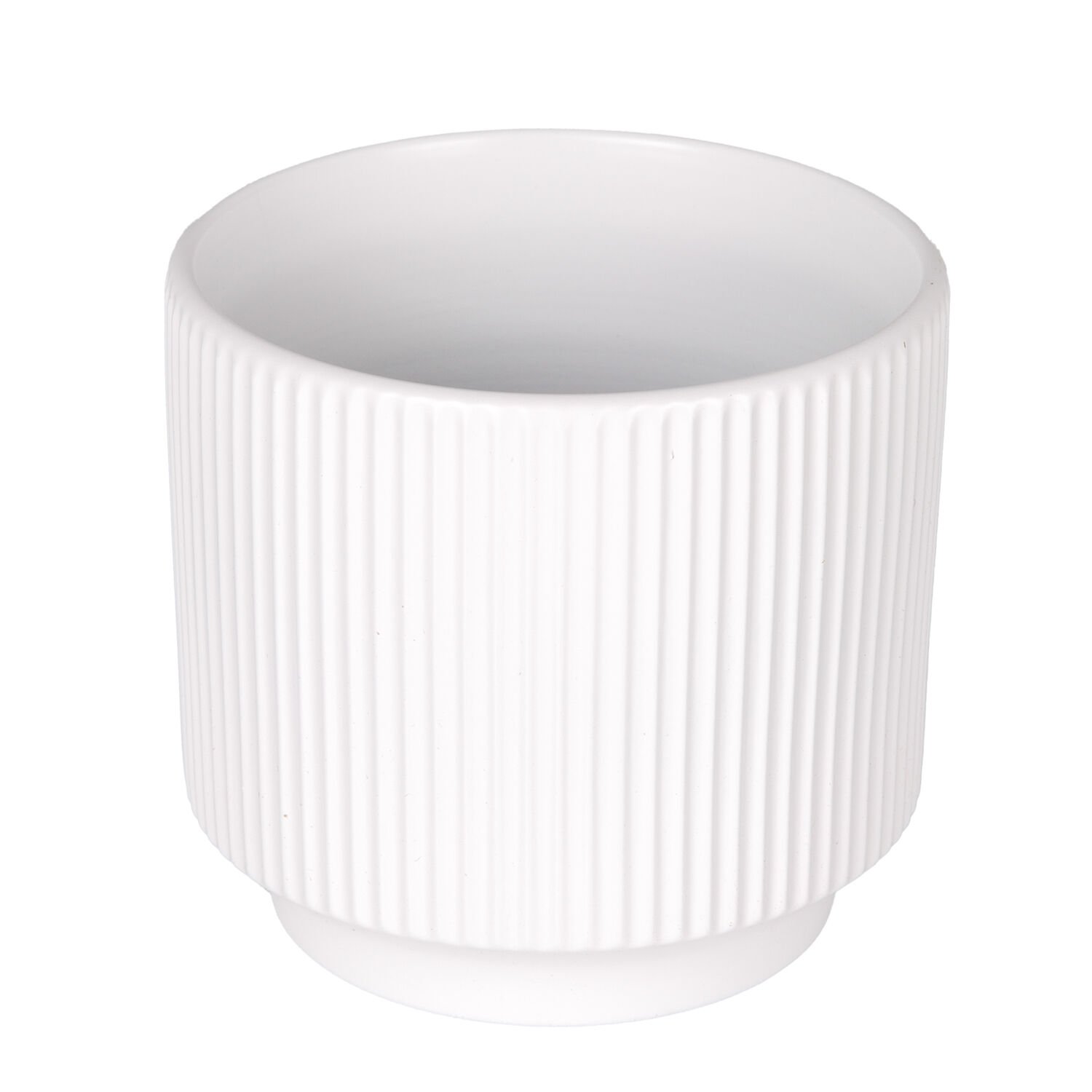 Seramik Saksı, Dikey Kabartma Çizgili, Beyaz - 12,5x12 cm