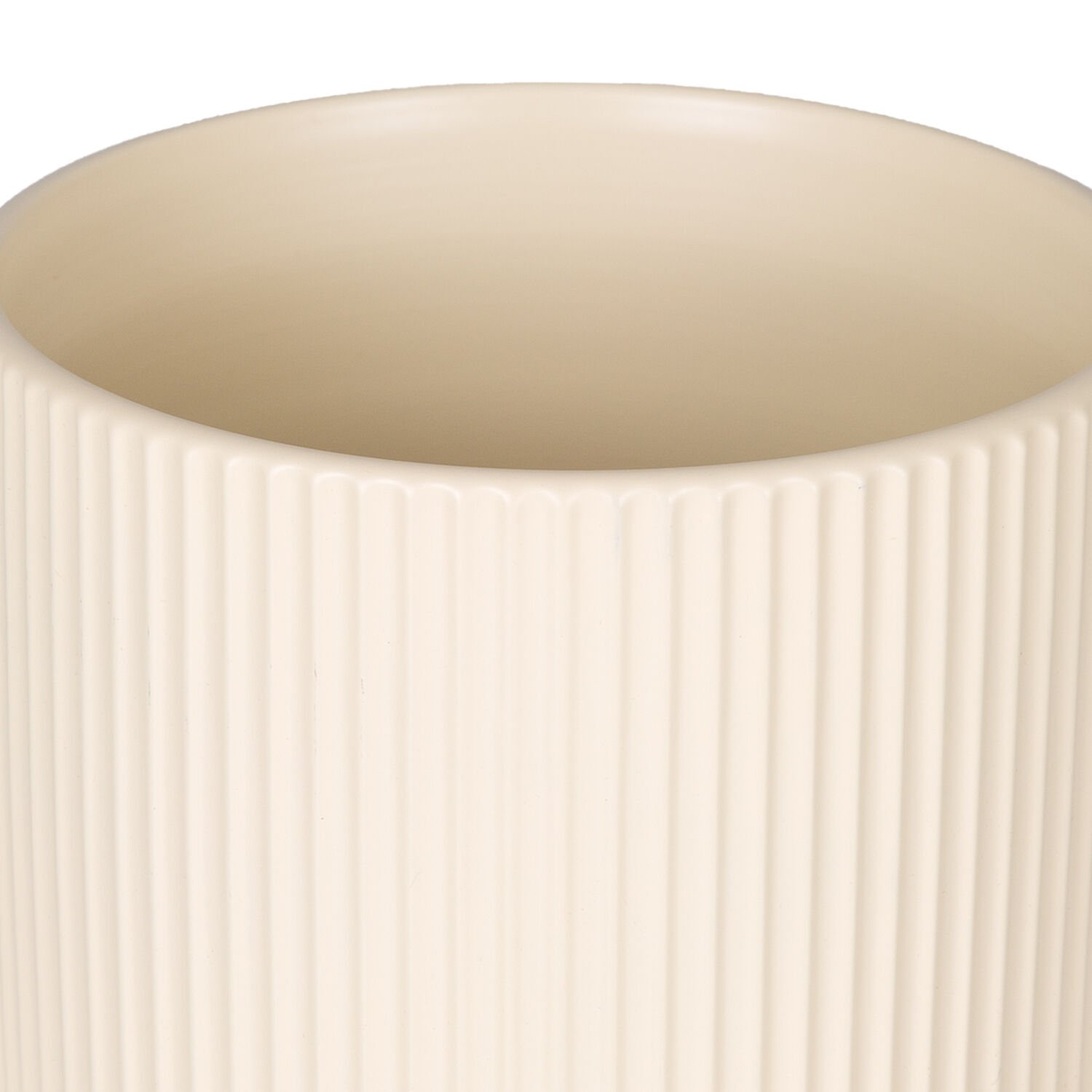 Seramik Saksı, Dikey Kabartma Çizgili, Krem - 12,5x12 cm