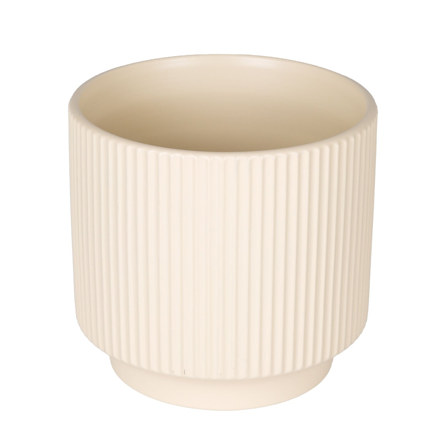 Seramik Saksı, Dikey Kabartma Çizgili, Krem - 12,5x12 cm