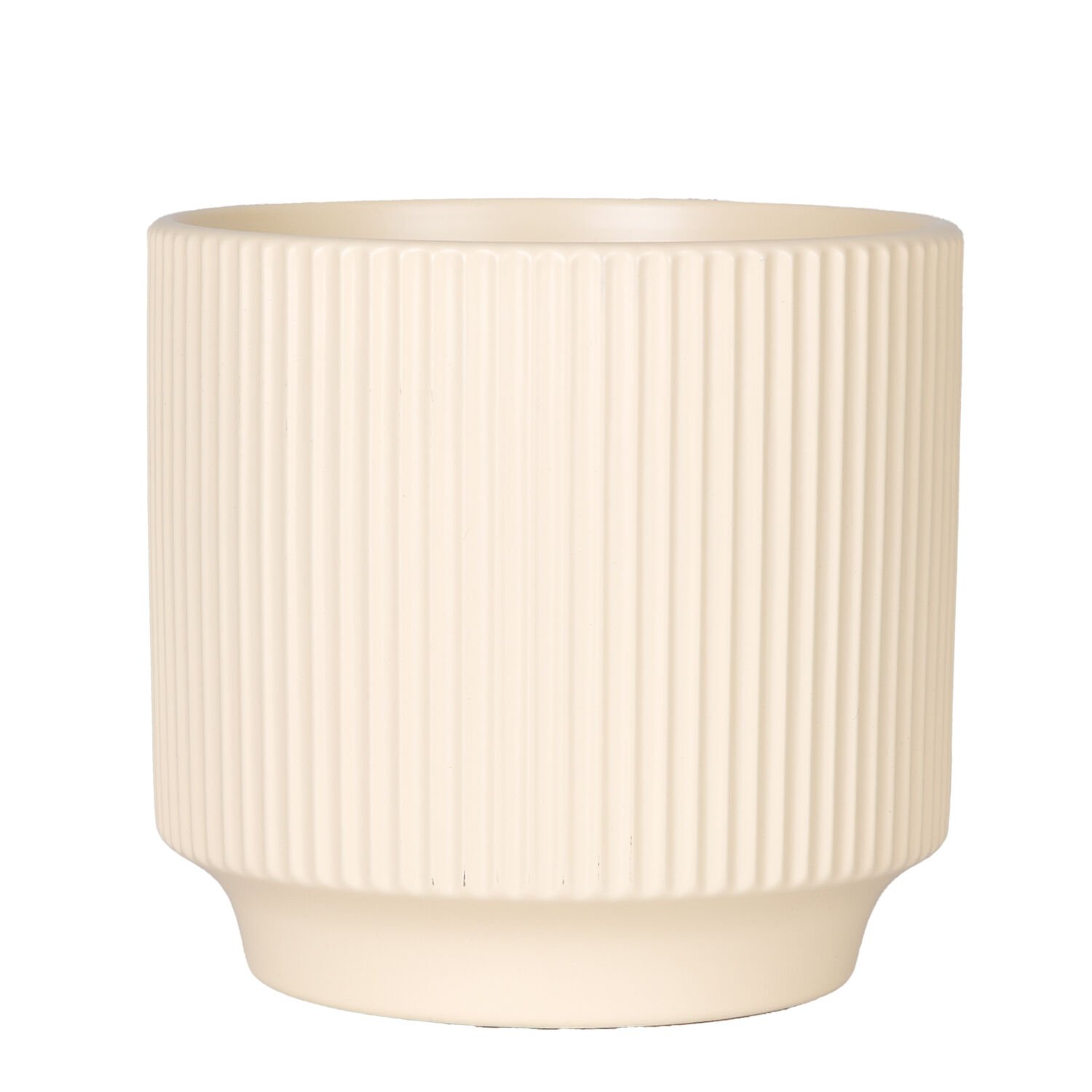 Seramik Saksı, Dikey Kabartma Çizgili, Krem - 12,5x12 cm