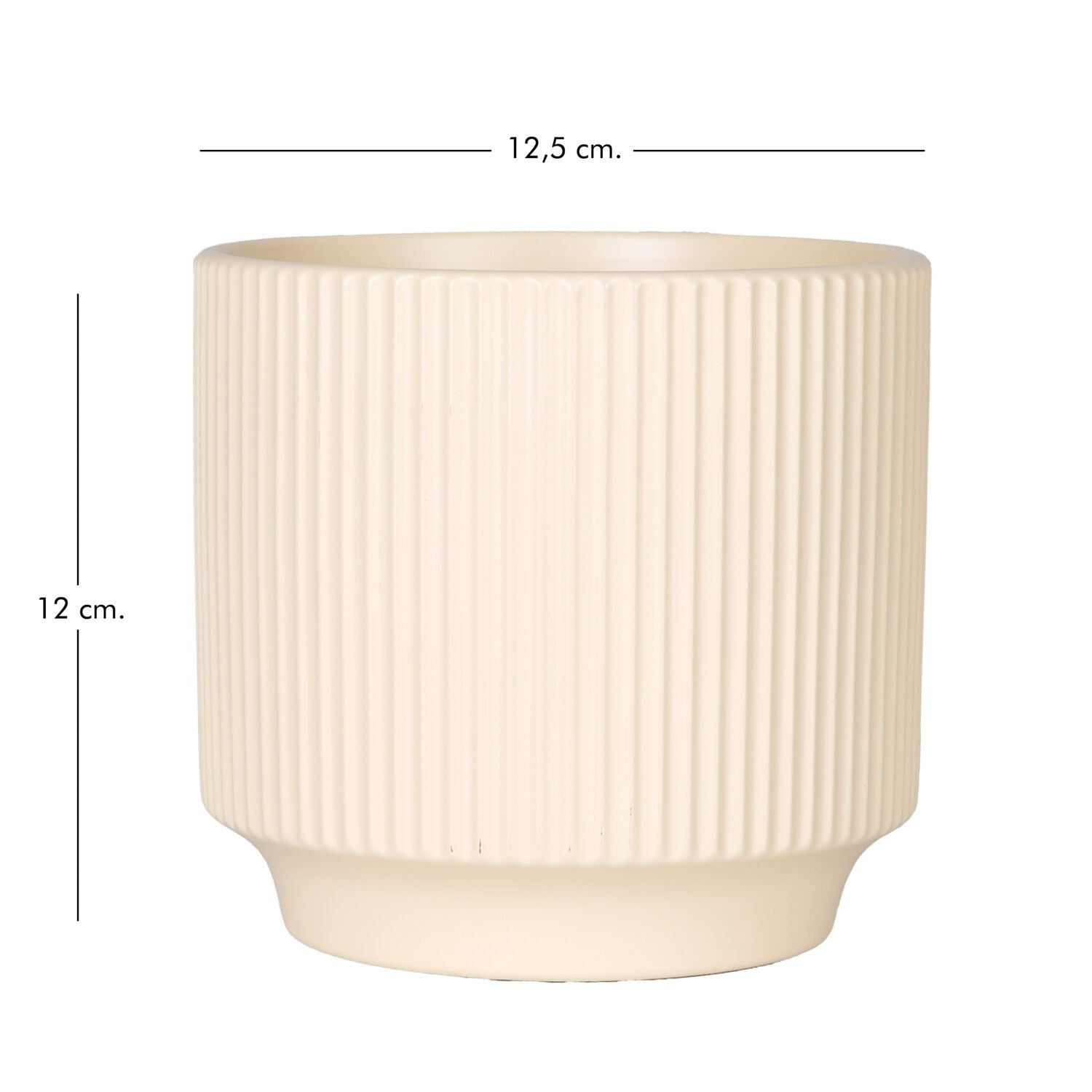 Seramik Saksı, Dikey Kabartma Çizgili, Krem - 12,5x12 cm
