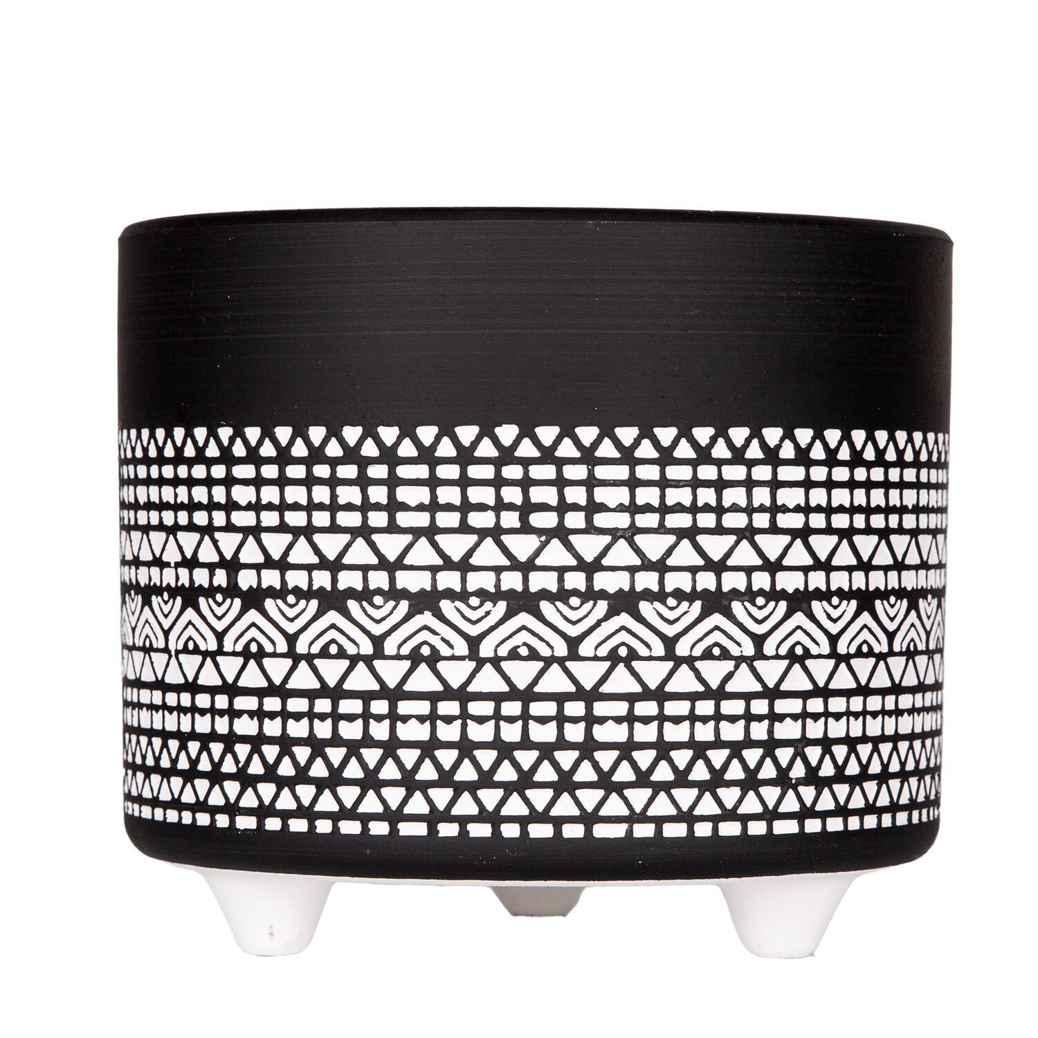 Seramik Saksı, Ayaklı, Otantik Desenli, Siyah-Beyaz - 14x12 cm