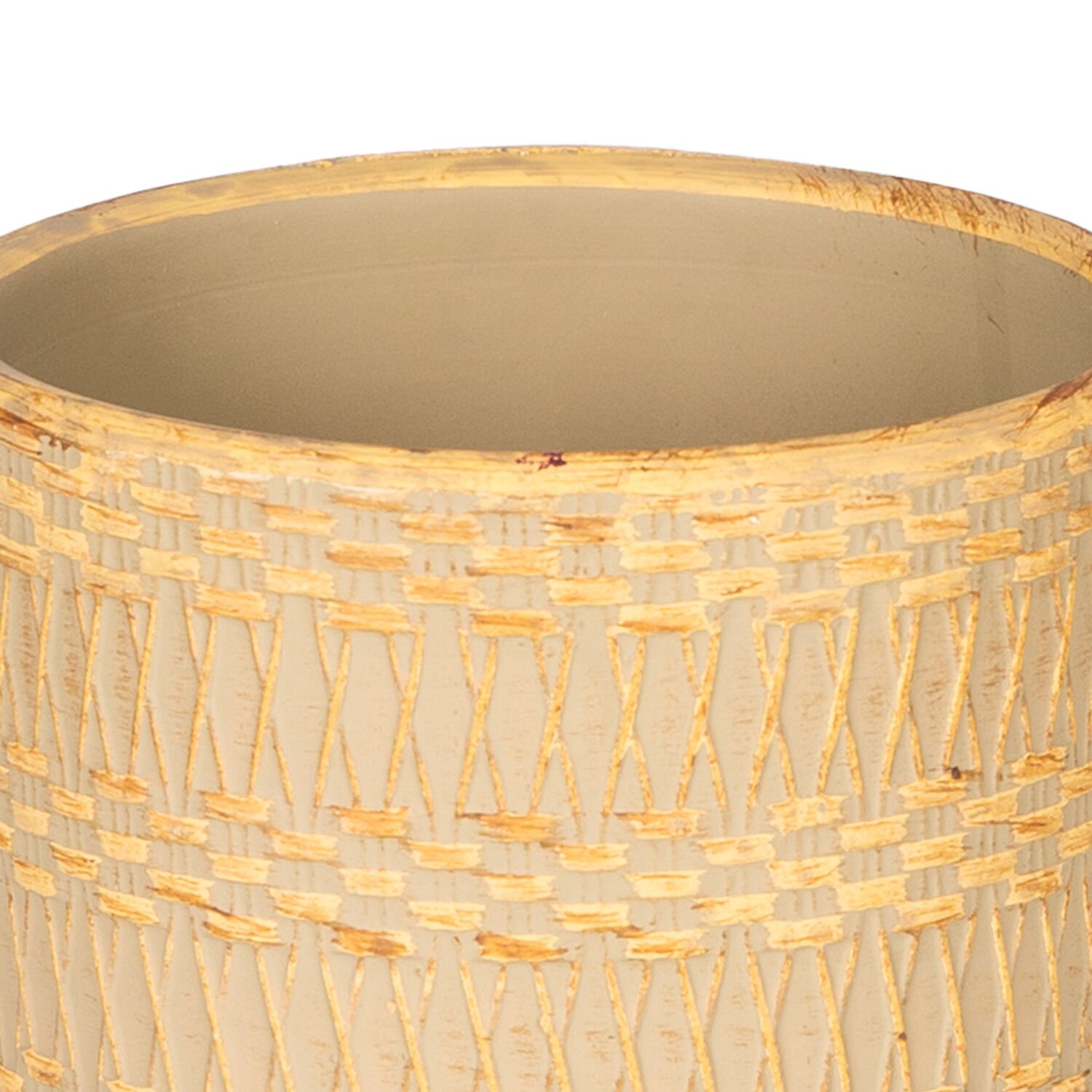 Seramik Saksı, Otantik Kabartma Desenli, Sarı-Bej - 10x8 cm