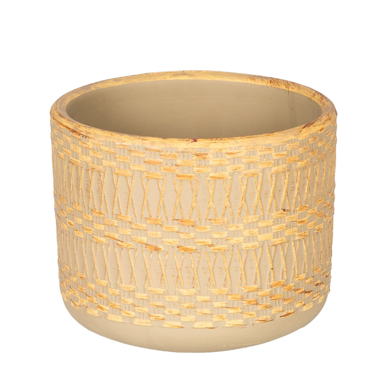Seramik Saksı, Otantik Kabartma Desenli, Sarı-Bej - 10x8 cm