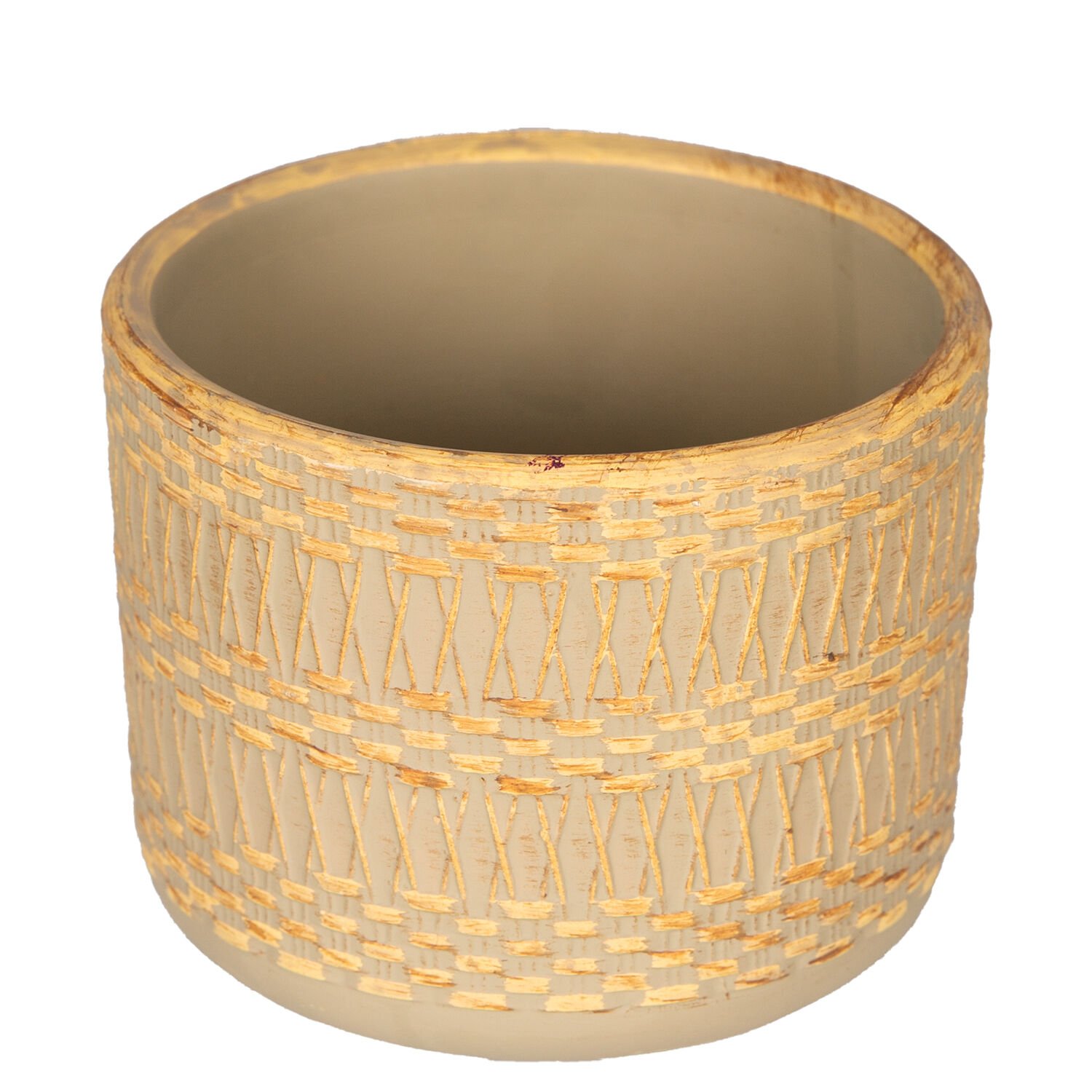 Seramik Saksı, Otantik Kabartma Desenli, Sarı-Bej - 10x8 cm