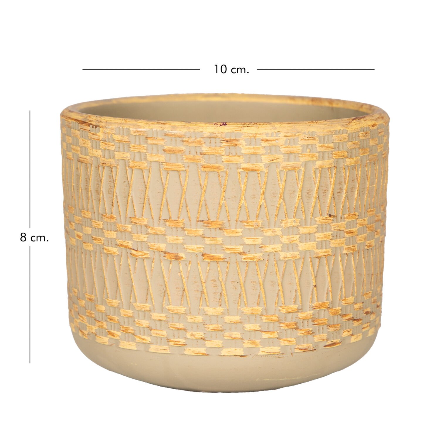 Seramik Saksı, Otantik Kabartma Desenli, Sarı-Bej - 10x8 cm