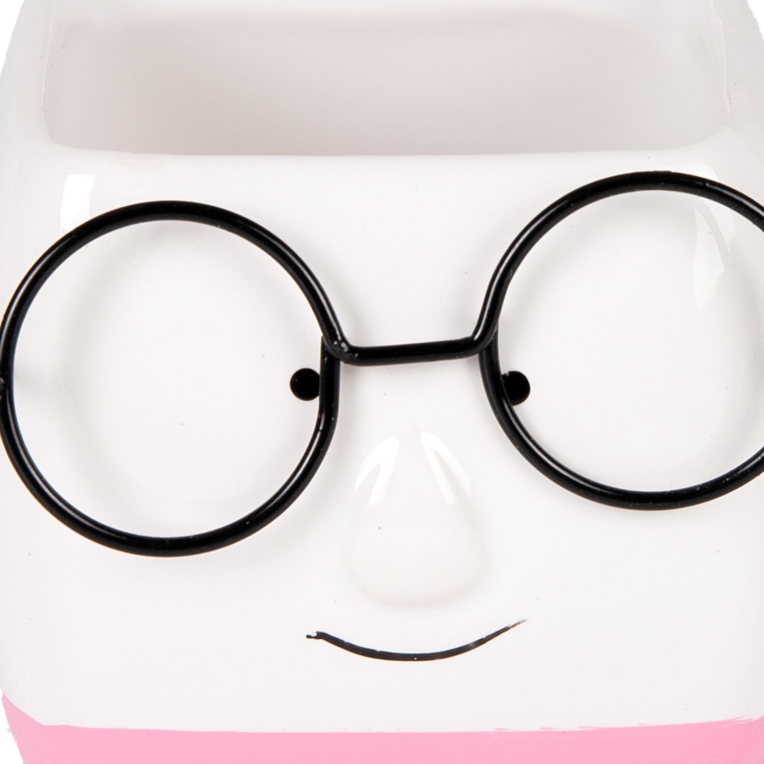 Seramik Saksı, Gözlüklü, Beyaz-Pembe - 7x7 cm