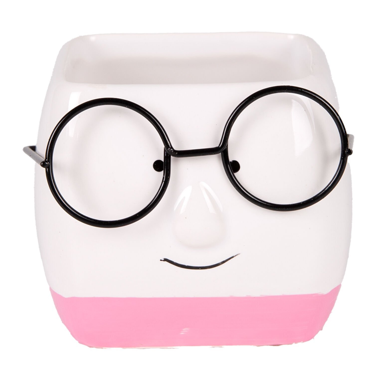 Seramik Saksı, Gözlüklü, Beyaz-Pembe - 7x7 cm