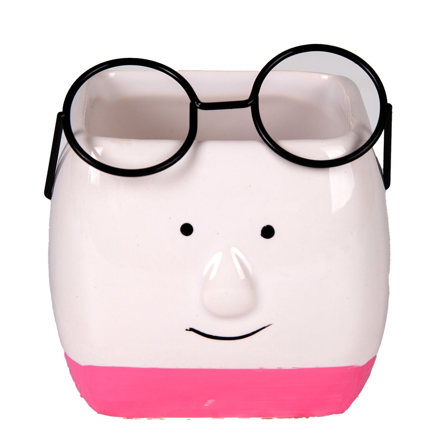 Seramik Saksı, Gözlüklü, Beyaz-Pembe - 7x7 cm