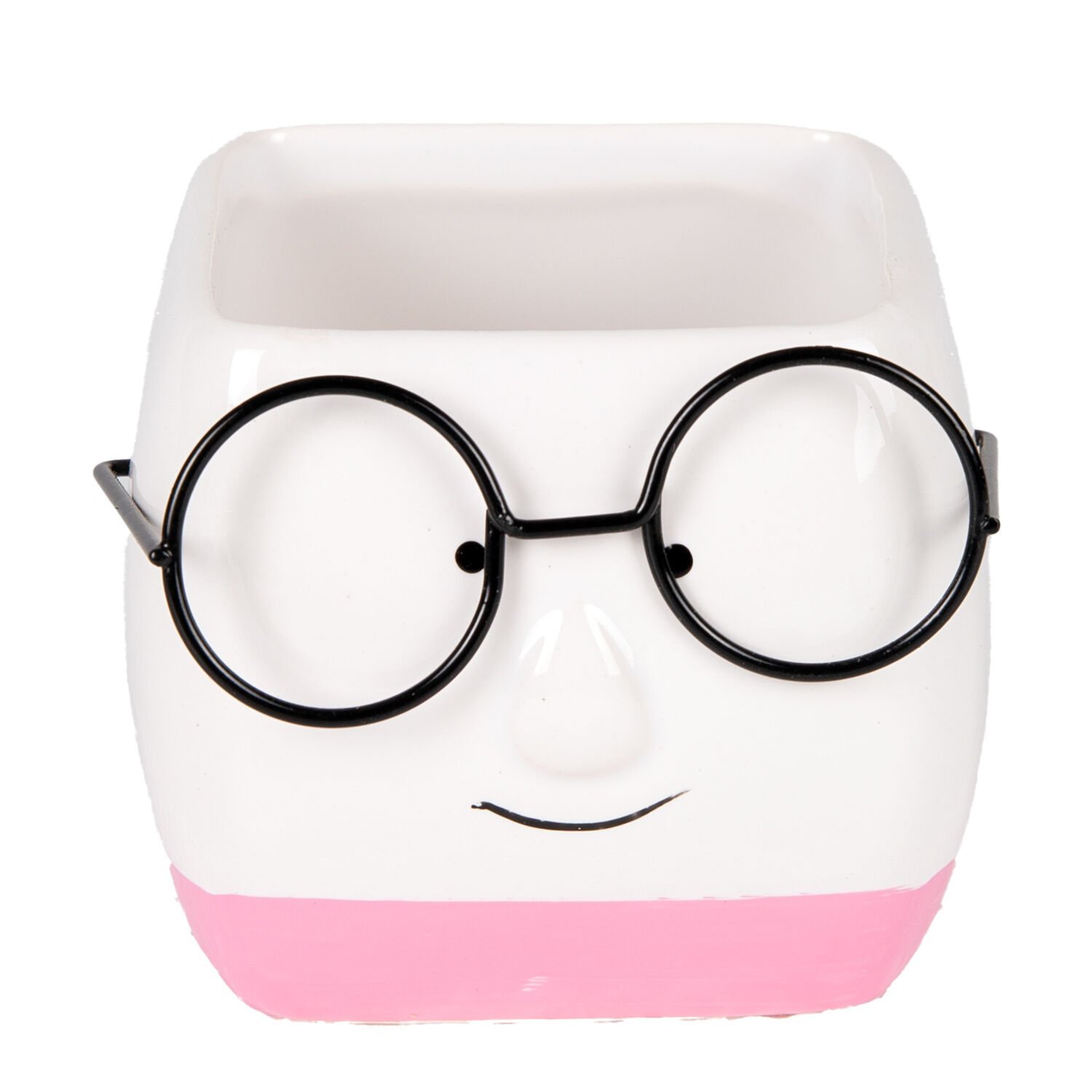 Seramik Saksı, Gözlüklü, Beyaz-Pembe - 7x7 cm