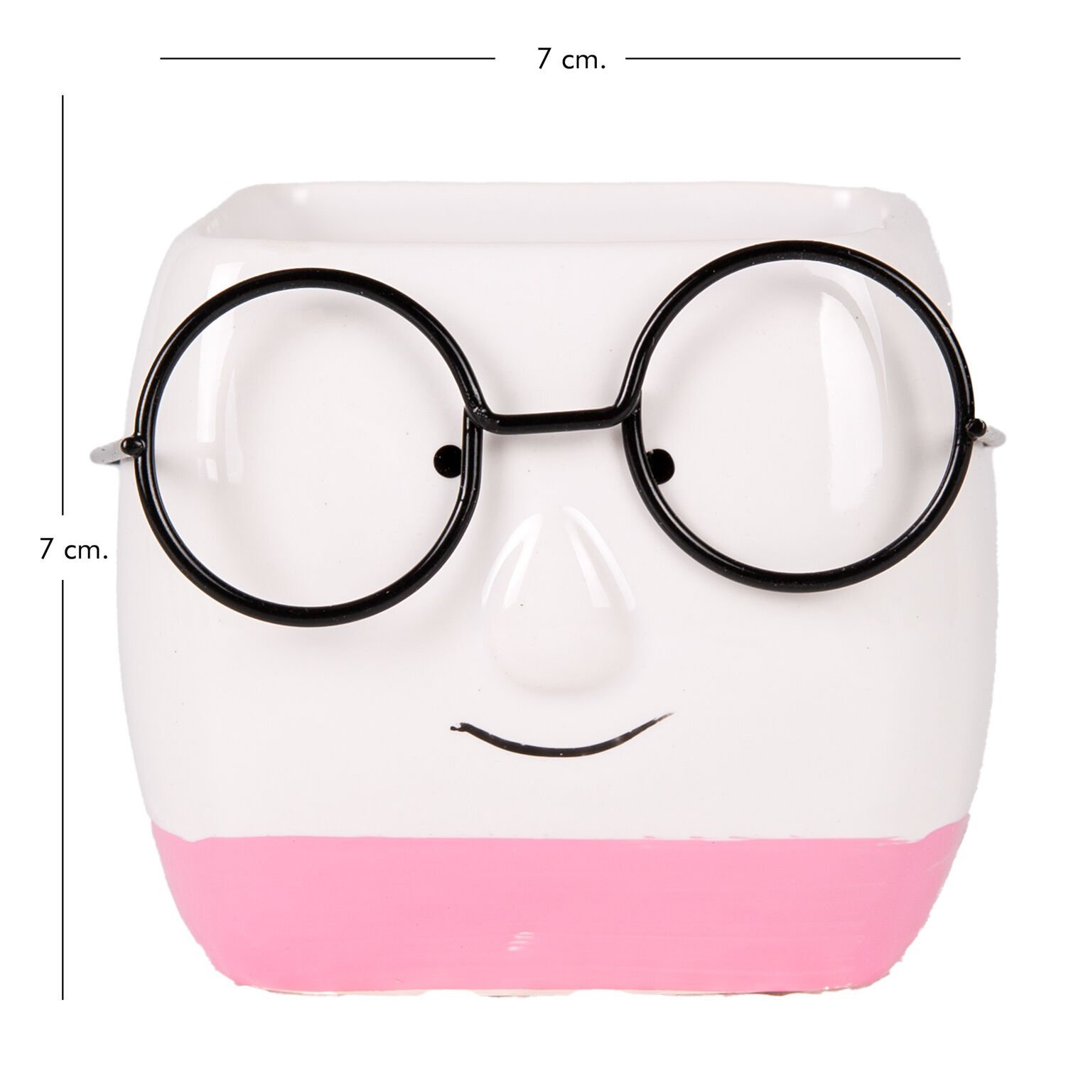 Seramik Saksı, Gözlüklü, Beyaz-Pembe - 7x7 cm