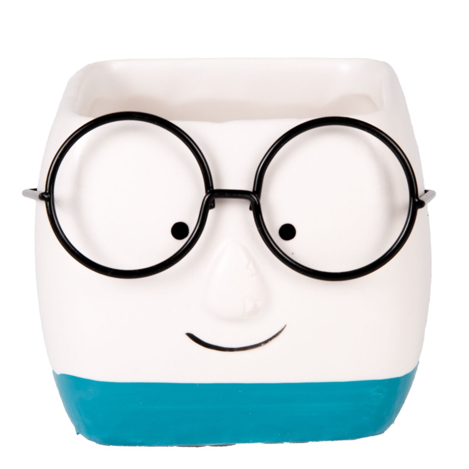 Seramik Saksı, Gözlüklü, Beyaz-Mavi - 7x7 cm