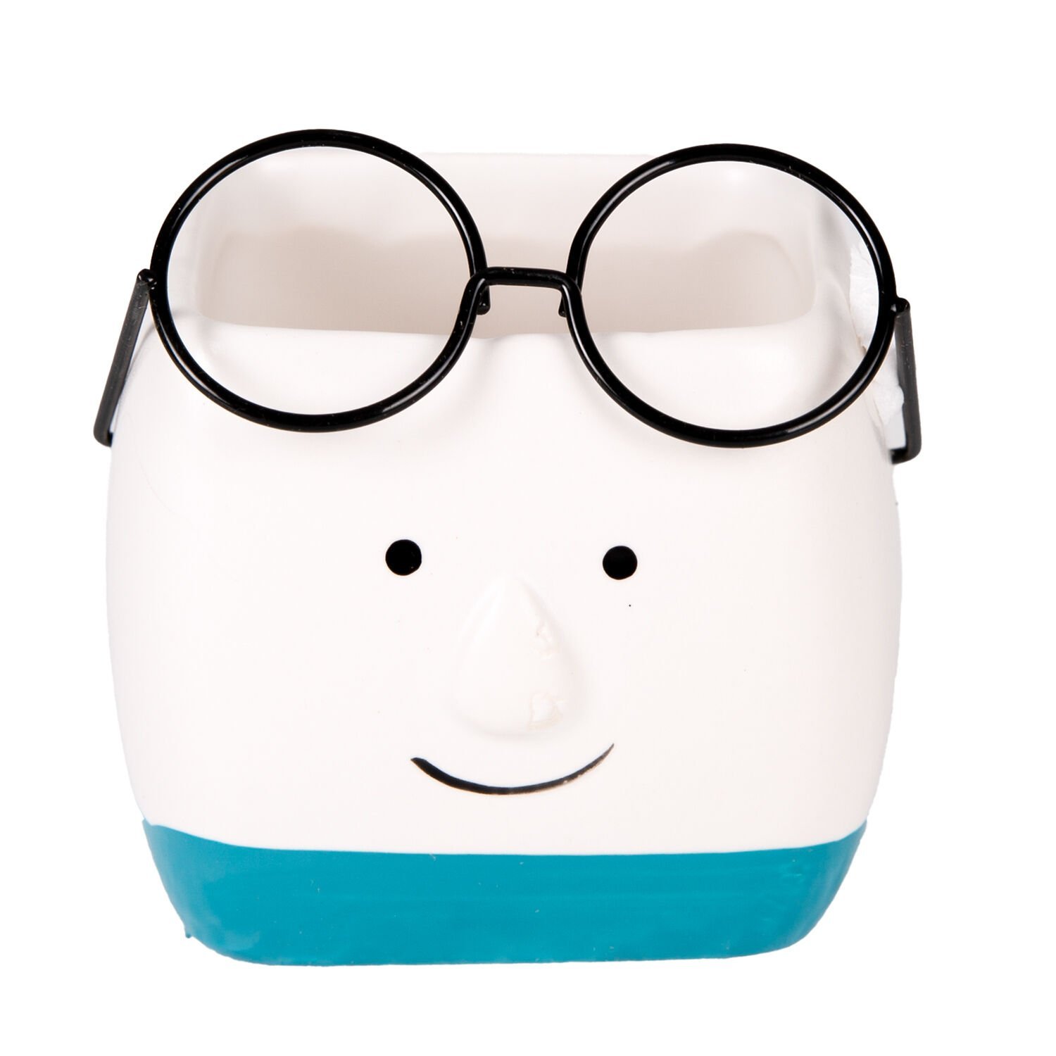 Seramik Saksı, Gözlüklü, Beyaz-Mavi - 7x7 cm