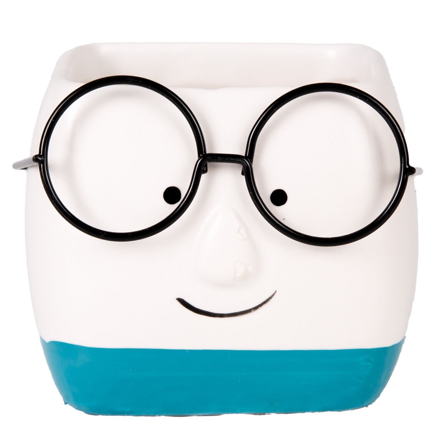 Seramik Saksı, Gözlüklü, Beyaz-Mavi - 7x7 cm