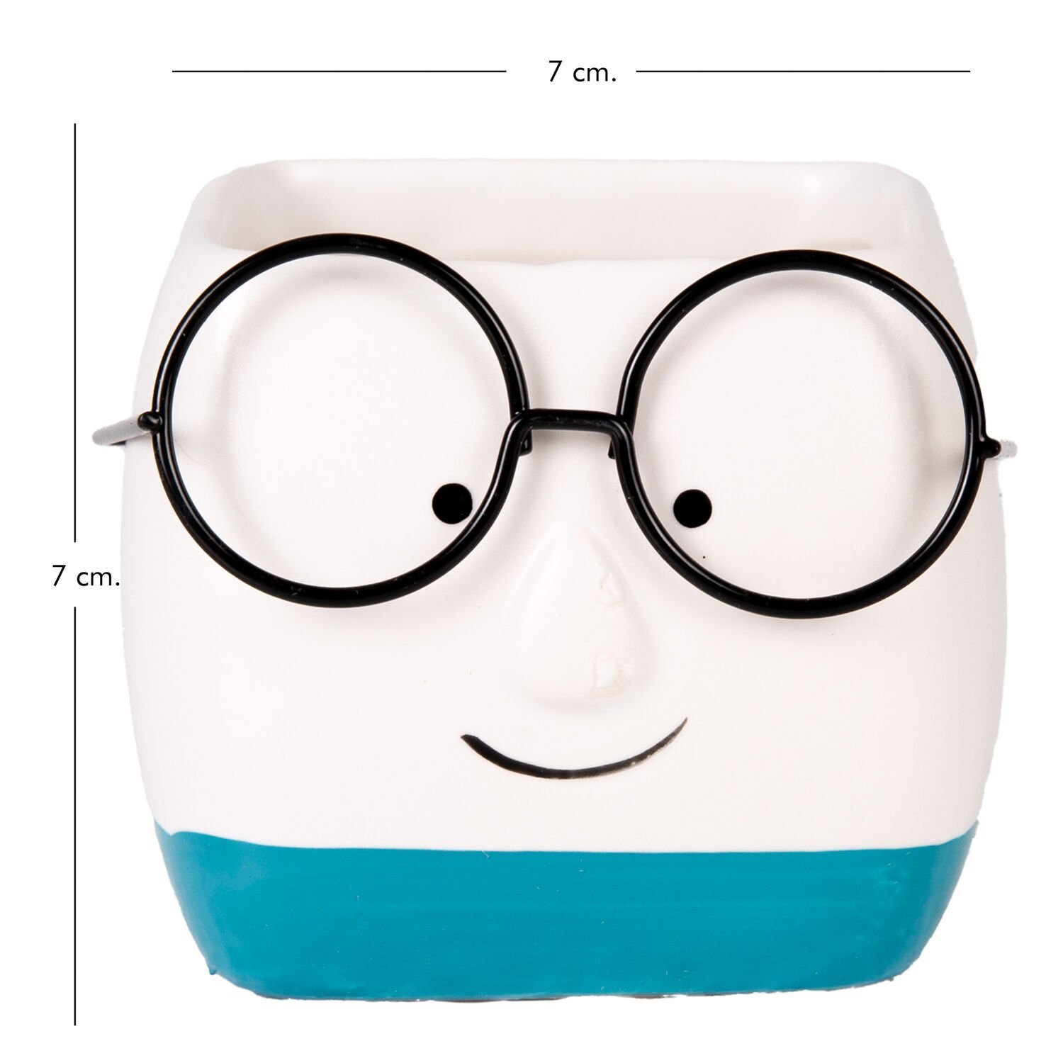 Seramik Saksı, Gözlüklü, Beyaz-Mavi - 7x7 cm