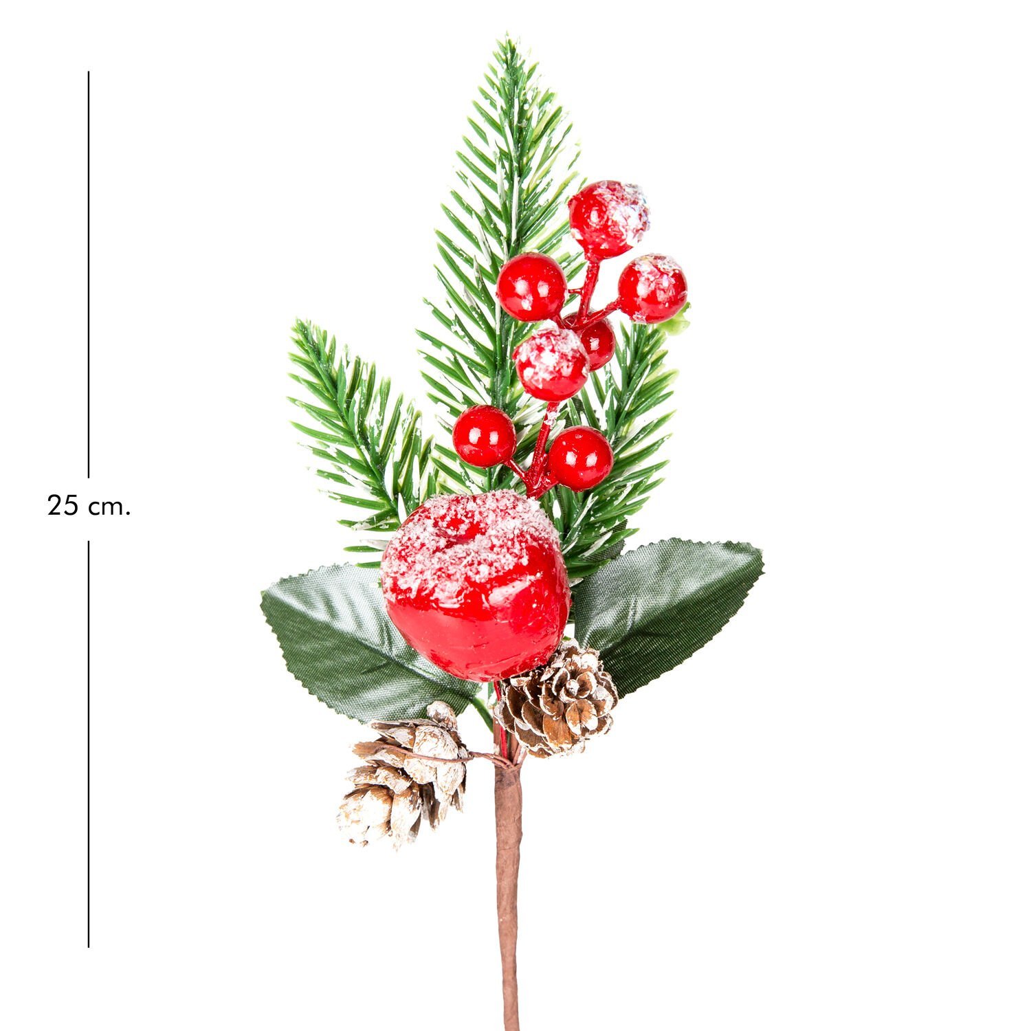 Yılbaşı Süsü, Pike Berry, Kırmızı-Yeşil - Karlı, Çift Kozalaklı, Elmalı, 25 cm