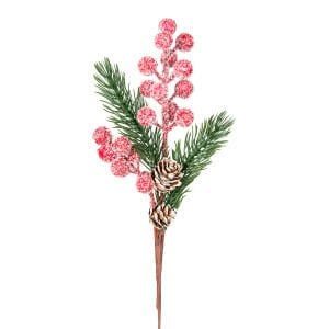 Yılbaşı Süsü, Pike Berry, Kırmızı-Yeşil - Karlı, Kozalaklı, 30 cm
