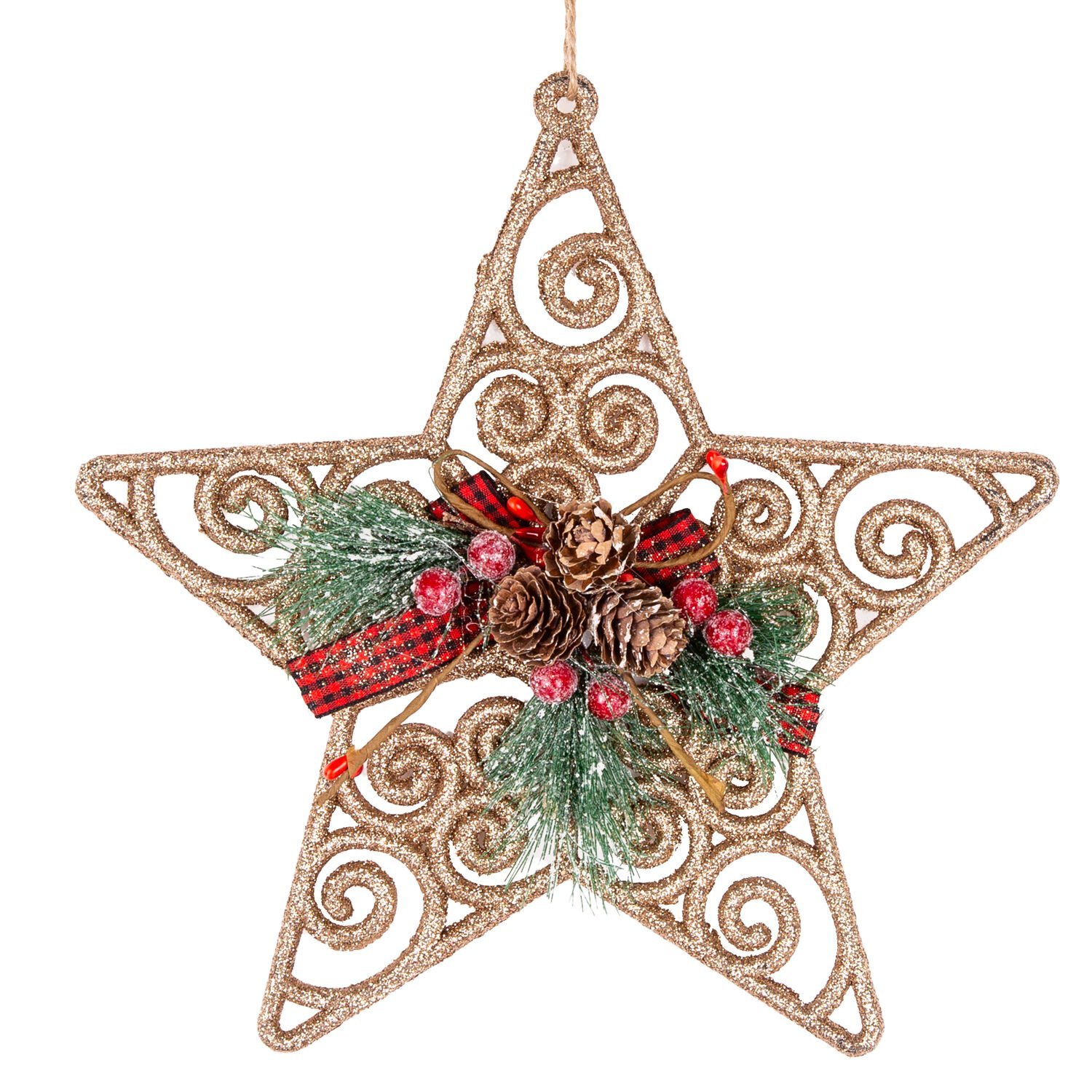 Yılbaşı Süsü, Yıldız, Yılbaşı Dekorlu, Desenli, Simli, Gold - 22 cm