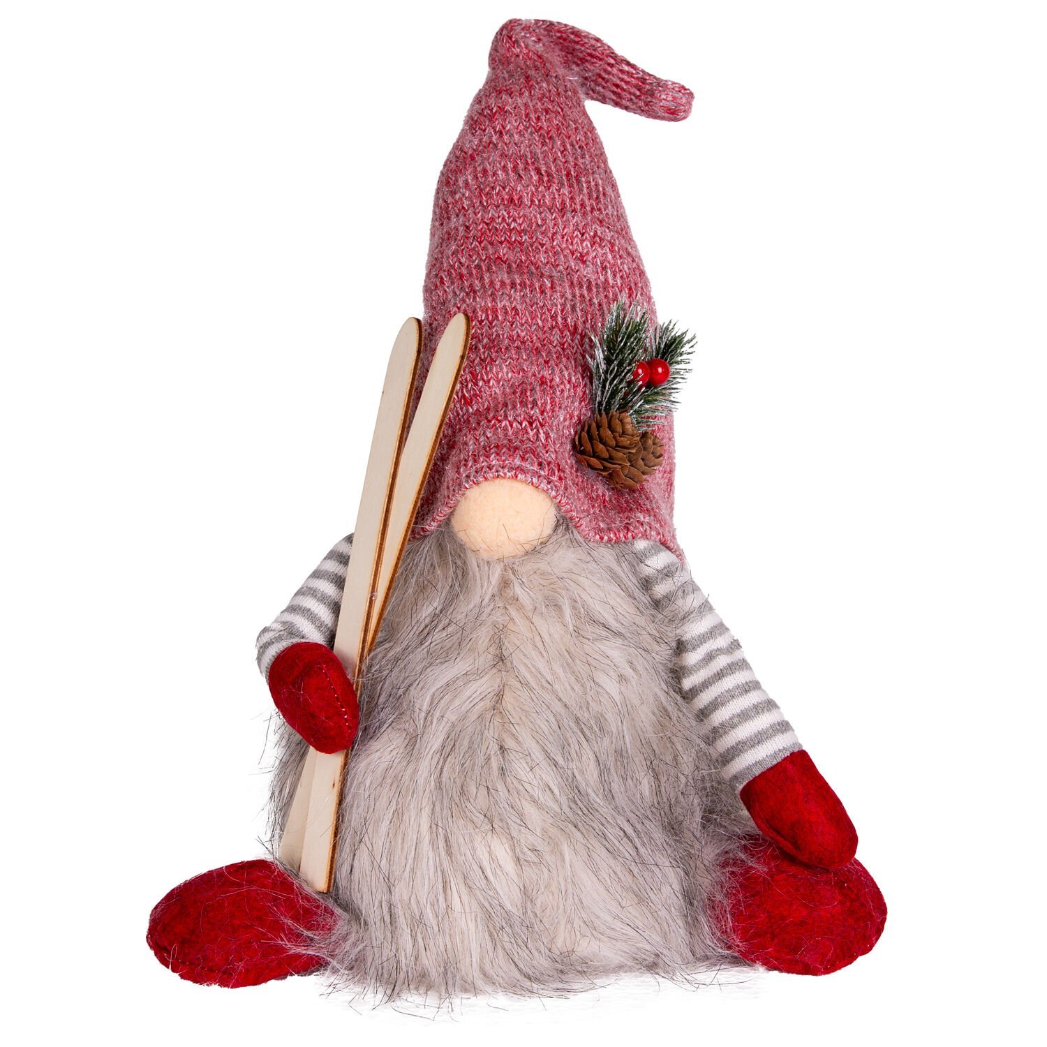 Yılbaşı Süsü Noel Baba Kayak Takımlı Işıklı Kırmızı-Gri 22x16x45 Cm.