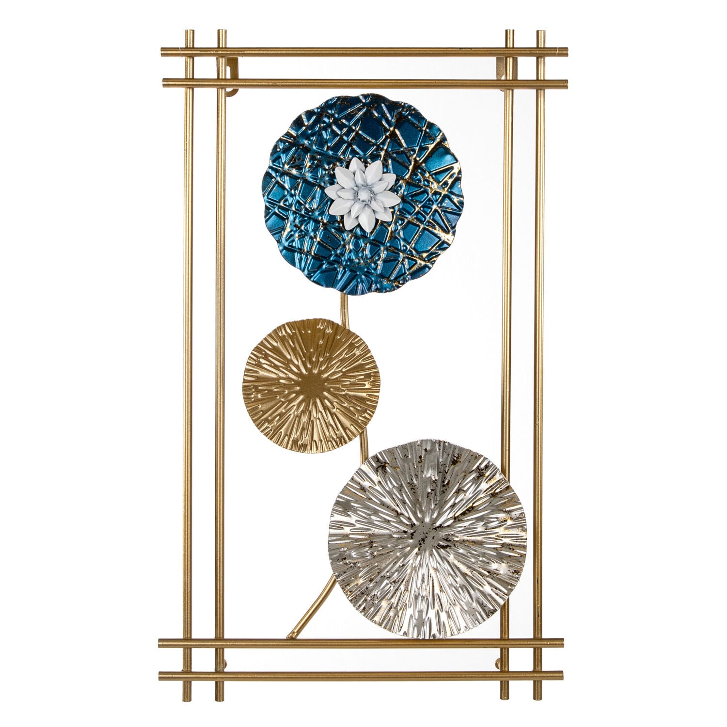 Metal Tablo Çiçek Desenli 3 Boyutlu Modern Mavi-Gold-Gümüş 30x50 Cm.
