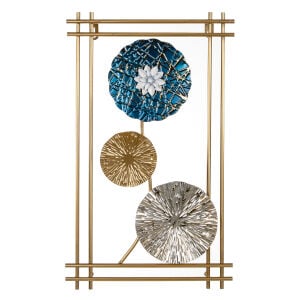 Metal Tablo Çiçek Desenli 3 Boyutlu Modern Mavi-Gold-Gümüş 30x50 Cm.
