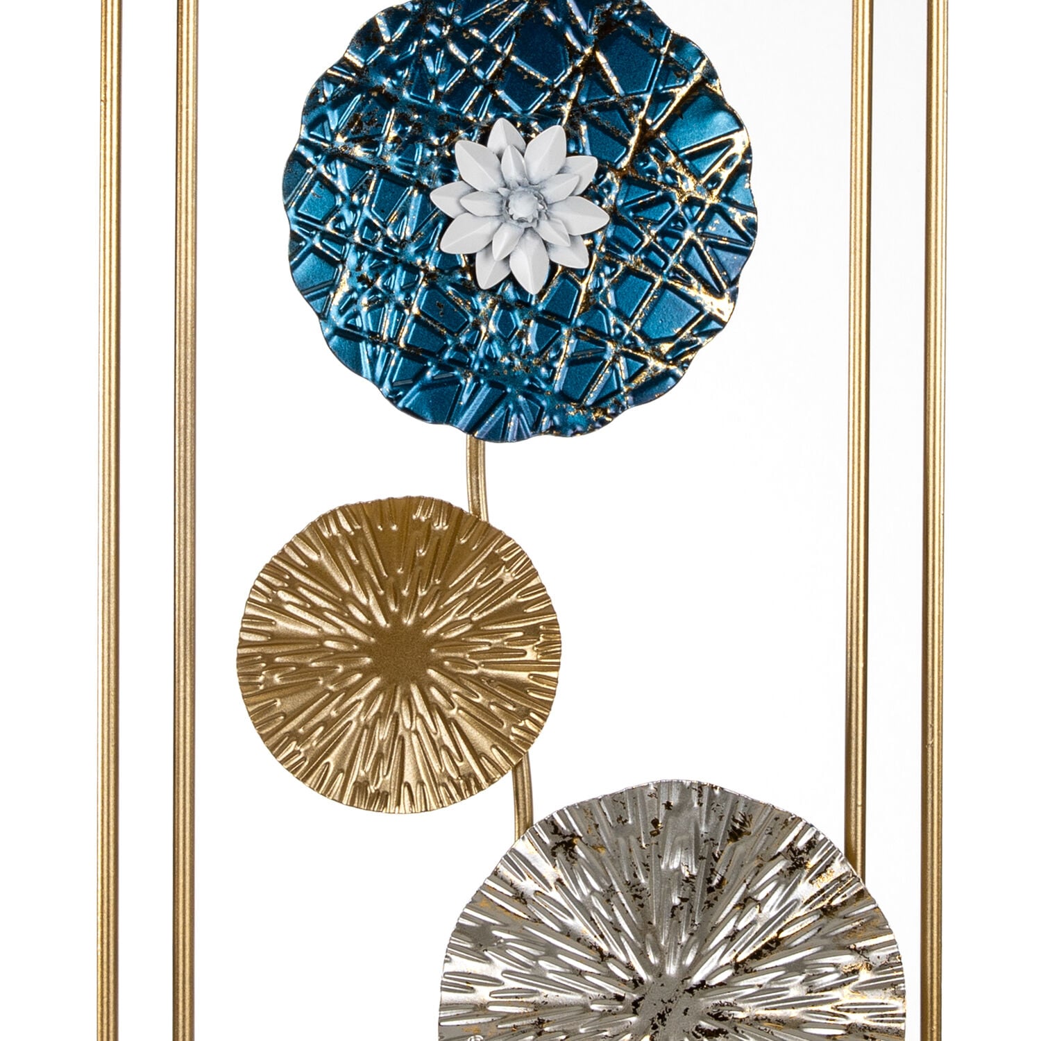 Metal Tablo Çiçek Desenli 3 Boyutlu Modern Mavi-Gold-Gümüş 30x50 Cm.