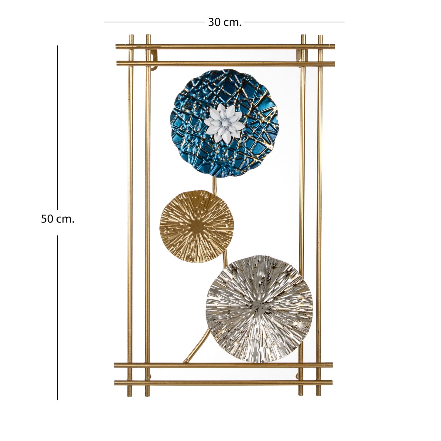 Metal Tablo Çiçek Desenli 3 Boyutlu Modern Mavi-Gold-Gümüş 30x50 Cm.