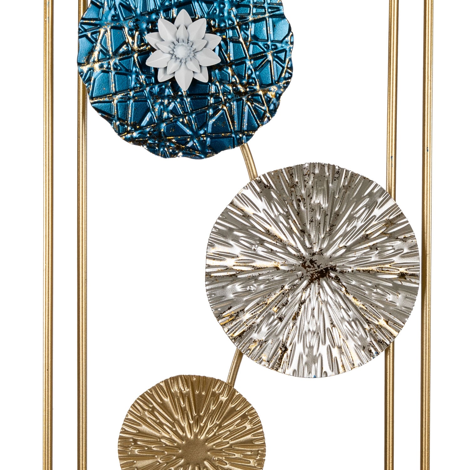 Metal Tablo Çiçek Desenli 3 Boyutlu Modern Mavi-Gold-Gümüş 30x50 Cm.